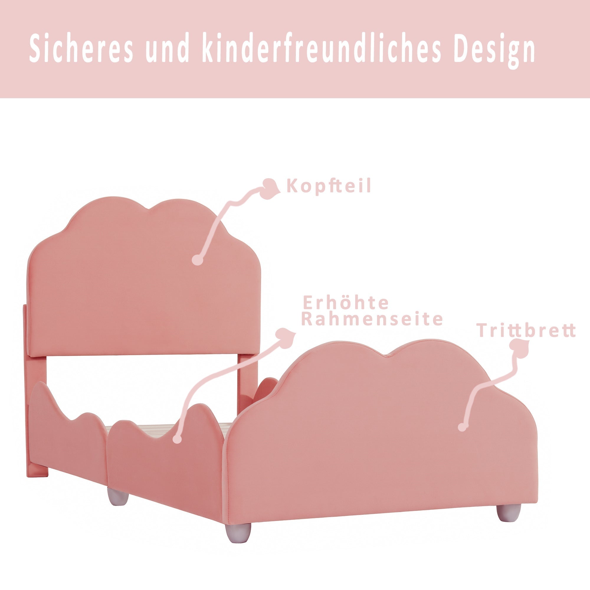 Upholstered Children's Bed 90 x 200 cm with Railing, Cloud Headboard, Pink Velvet