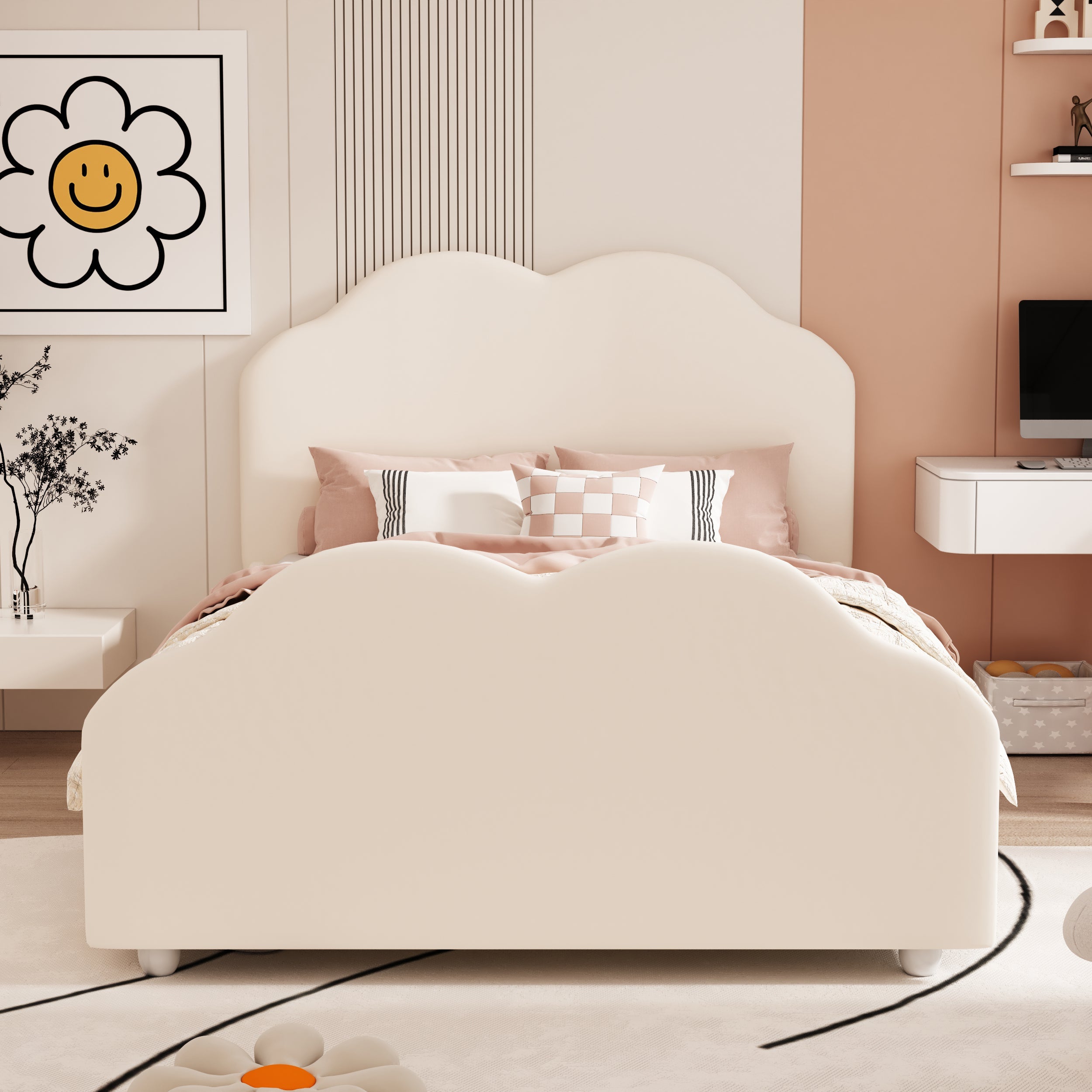 Upholstered Children's Bed Single 90x200cm High Railing Cloud Headboard, Beige Velvet