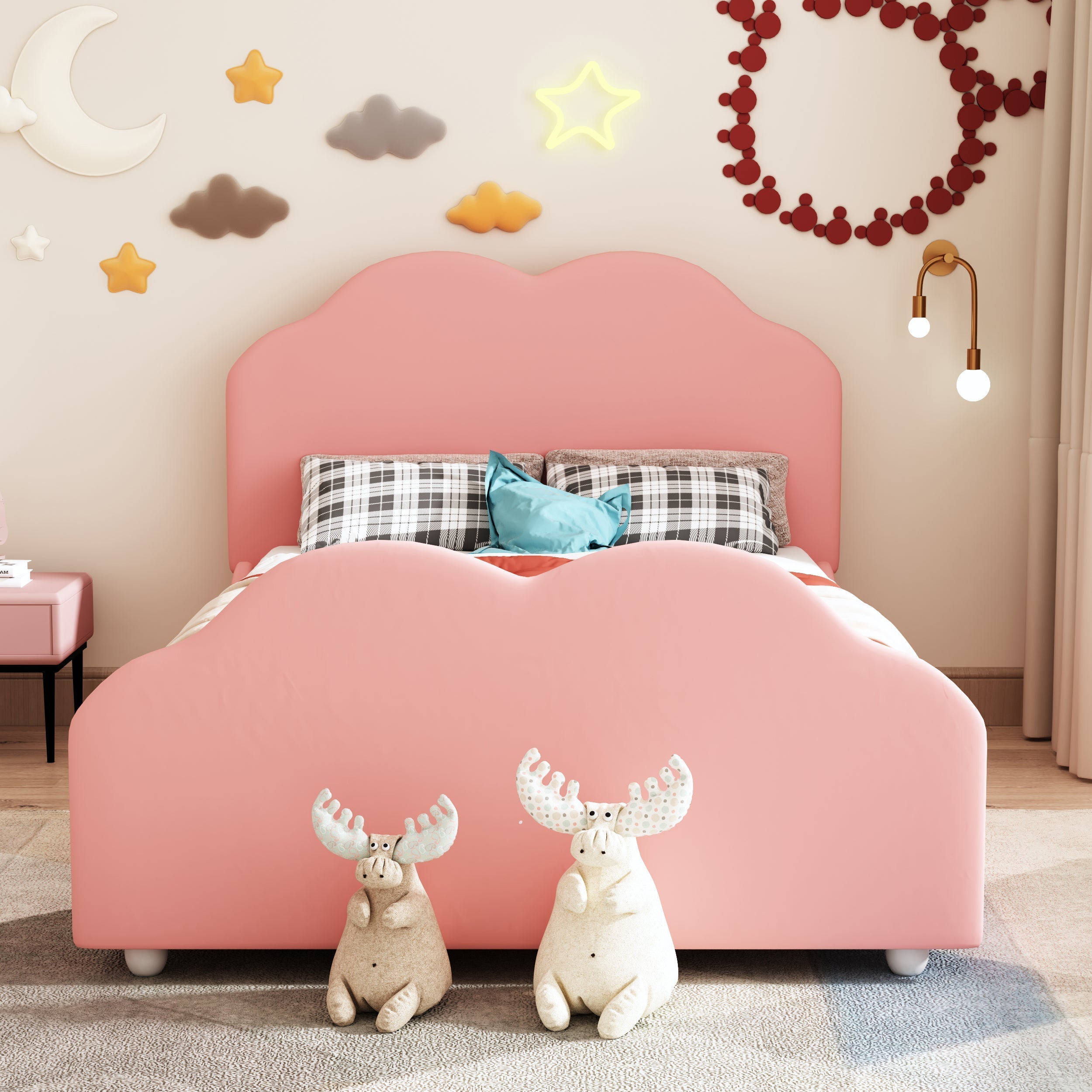 Upholstered Children's Bed 90 x 200 cm with Railing, Cloud Headboard, Pink Velvet