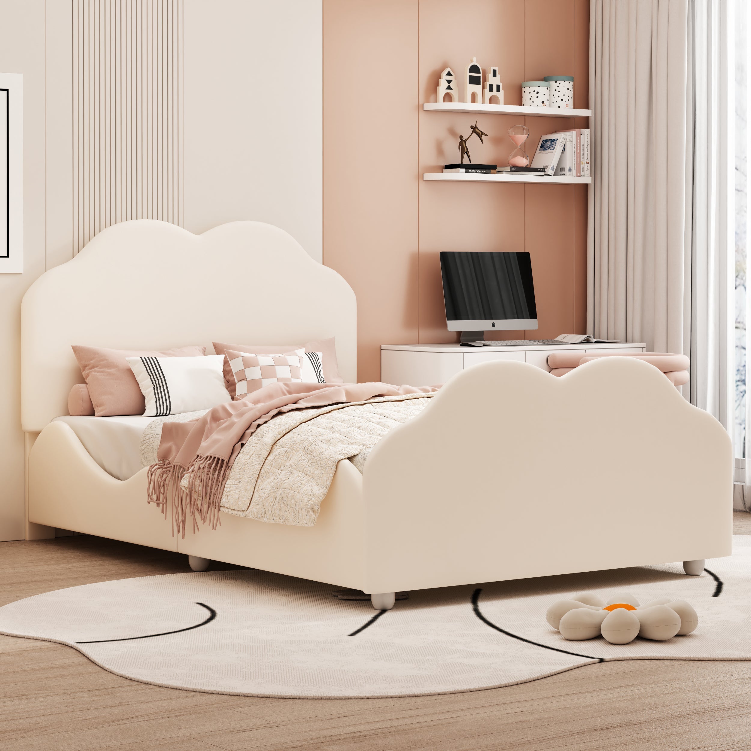 Upholstered Children's Bed Single 90x200cm High Railing Cloud Headboard, Beige Velvet