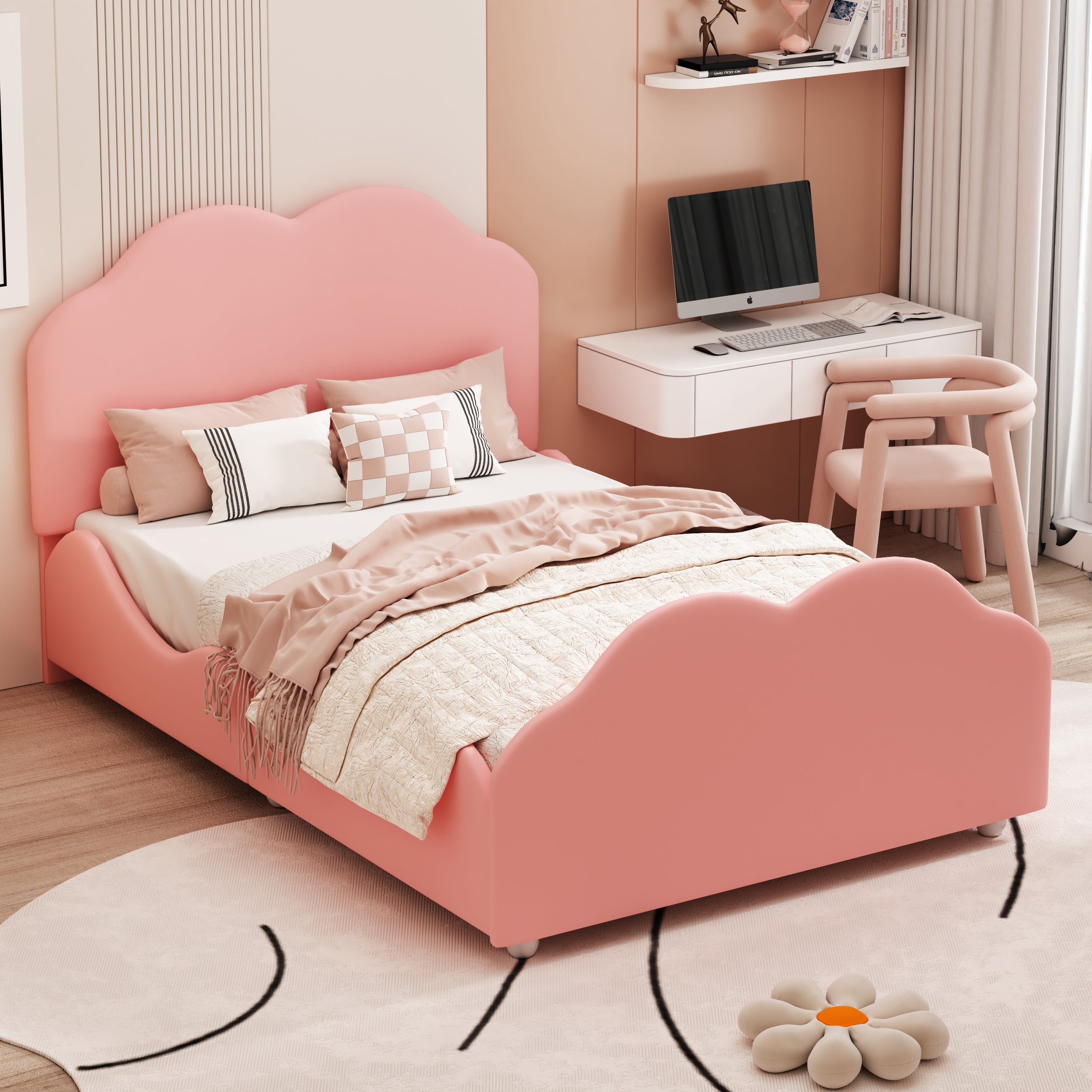 Upholstered Children's Bed 90 x 200 cm with Railing, Cloud Headboard, Pink Velvet