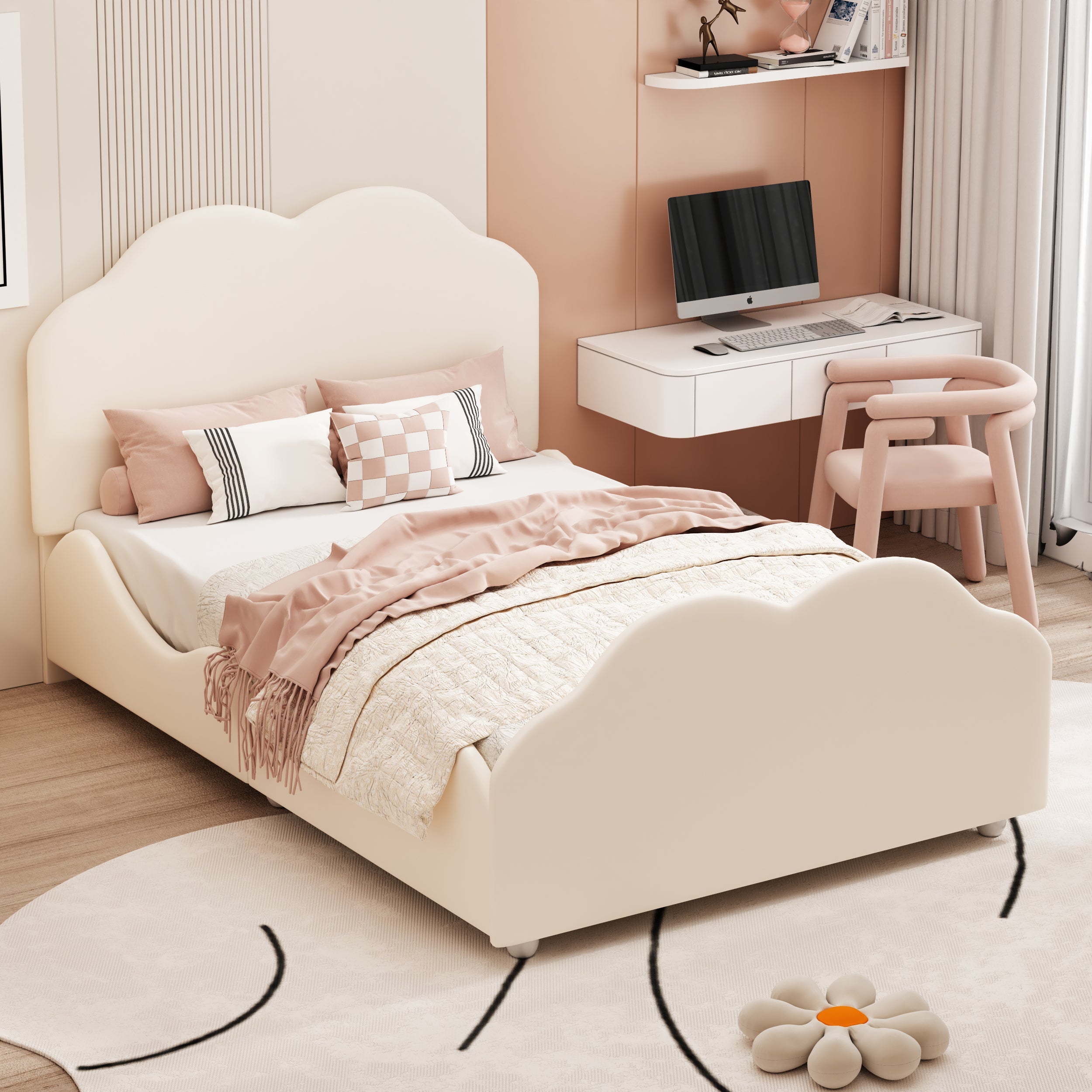 Upholstered Children's Bed Single 90x200cm High Railing Cloud Headboard, Beige Velvet