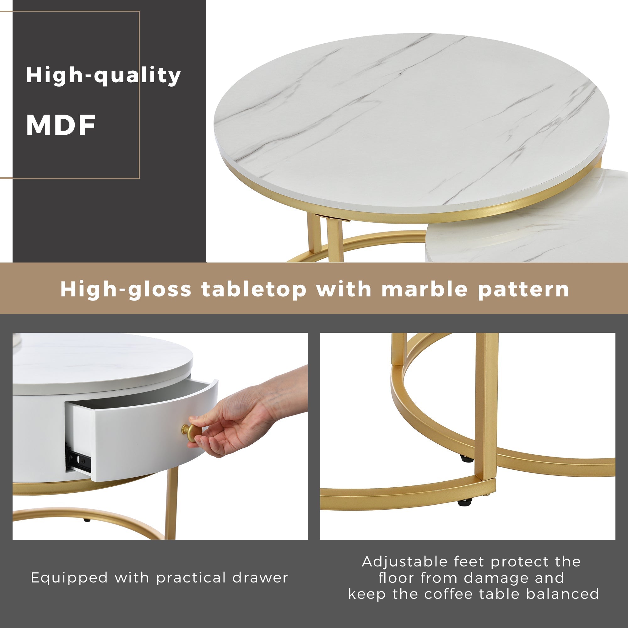 Round Coffee Tables, Set of 2 Nesting End Tables with Drawer and Storage, Gold Metal and Marble Pattern Top