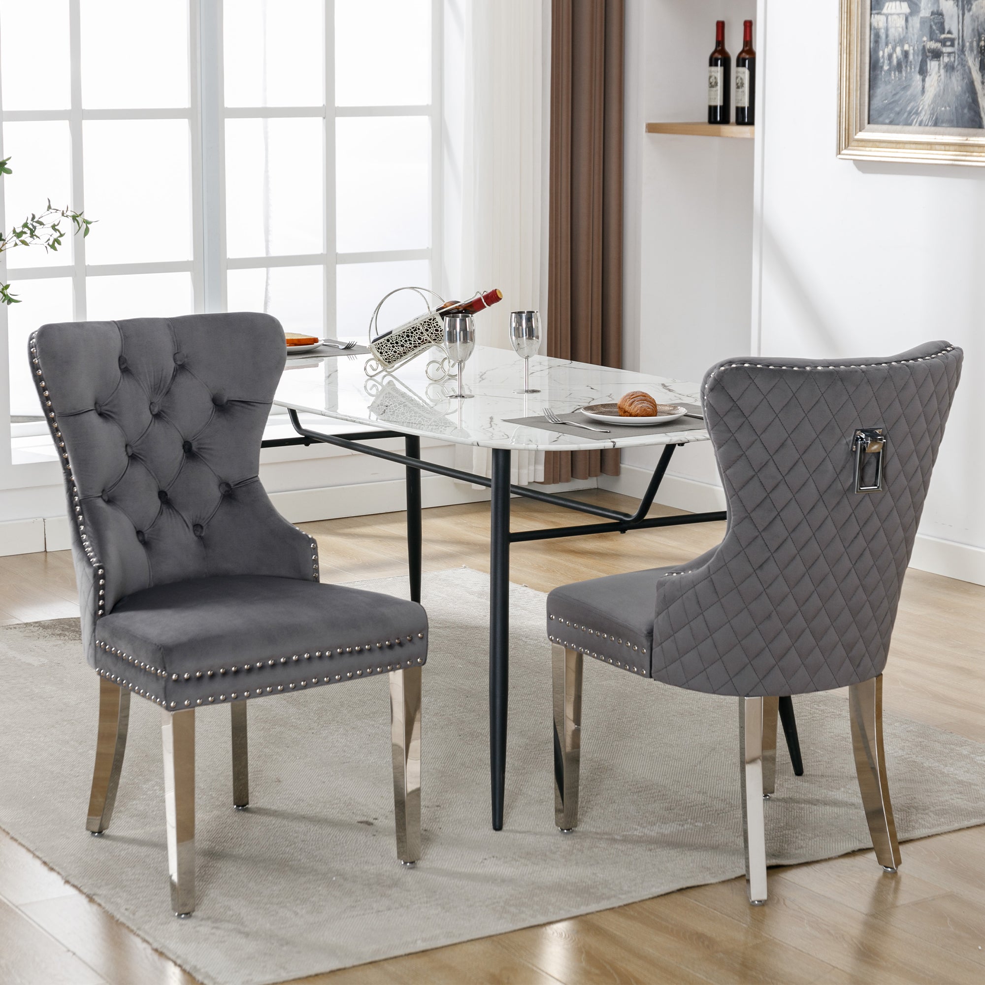 Dining Chair Set of 2 Upholstered Velvet Door Knocker Grey
