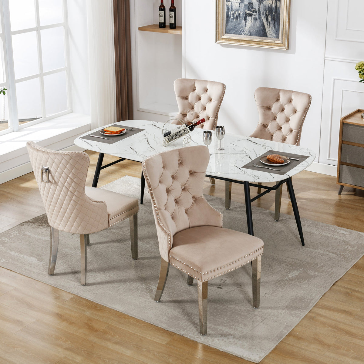 Dining Chair 4-Piece Set Upholstered Door Knocker Nailhead Trim Metal Legs Beige Velvet