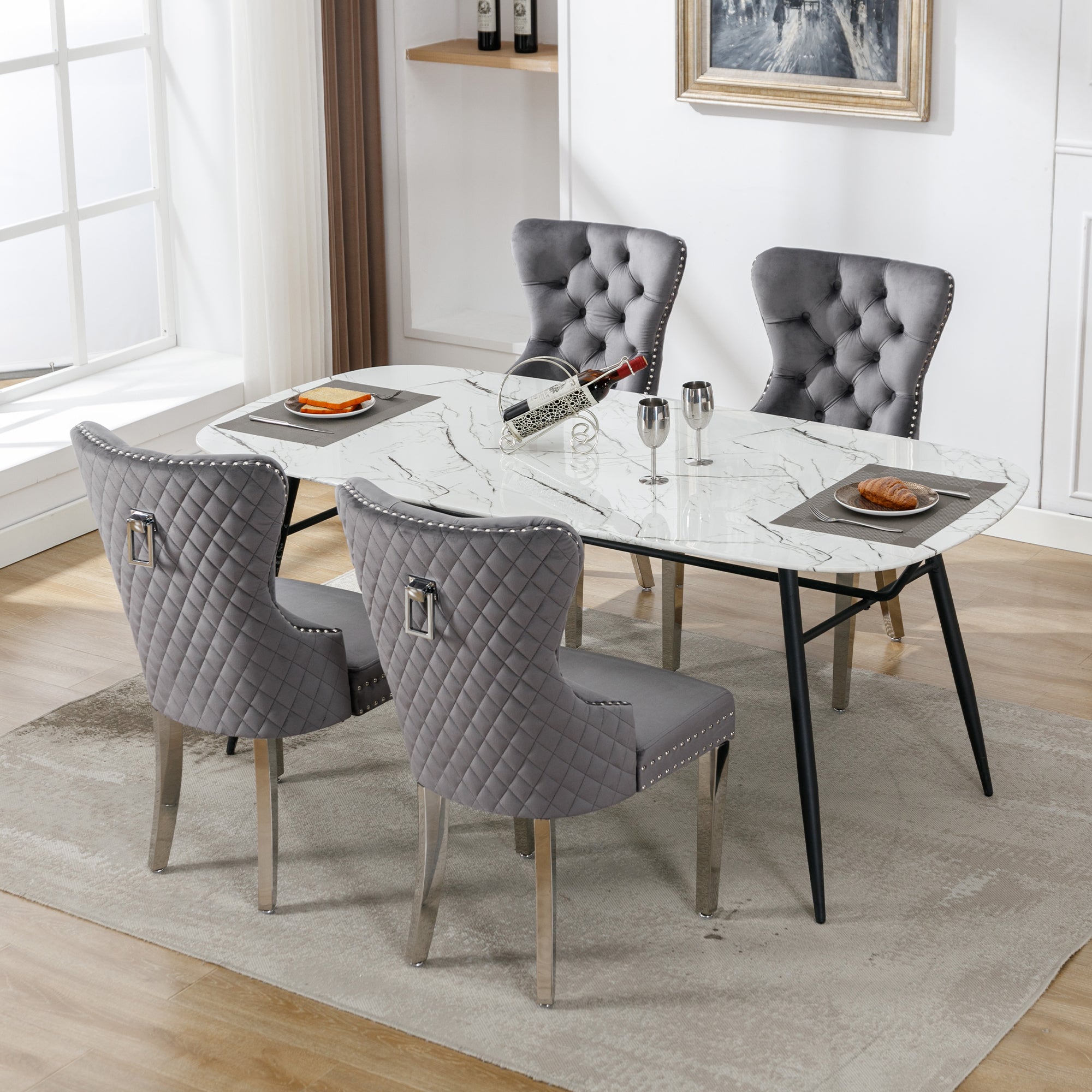 Set of 4 Upholstered Dining Chairs, Door Knocker Back, Metal Legs, Grey Velvet