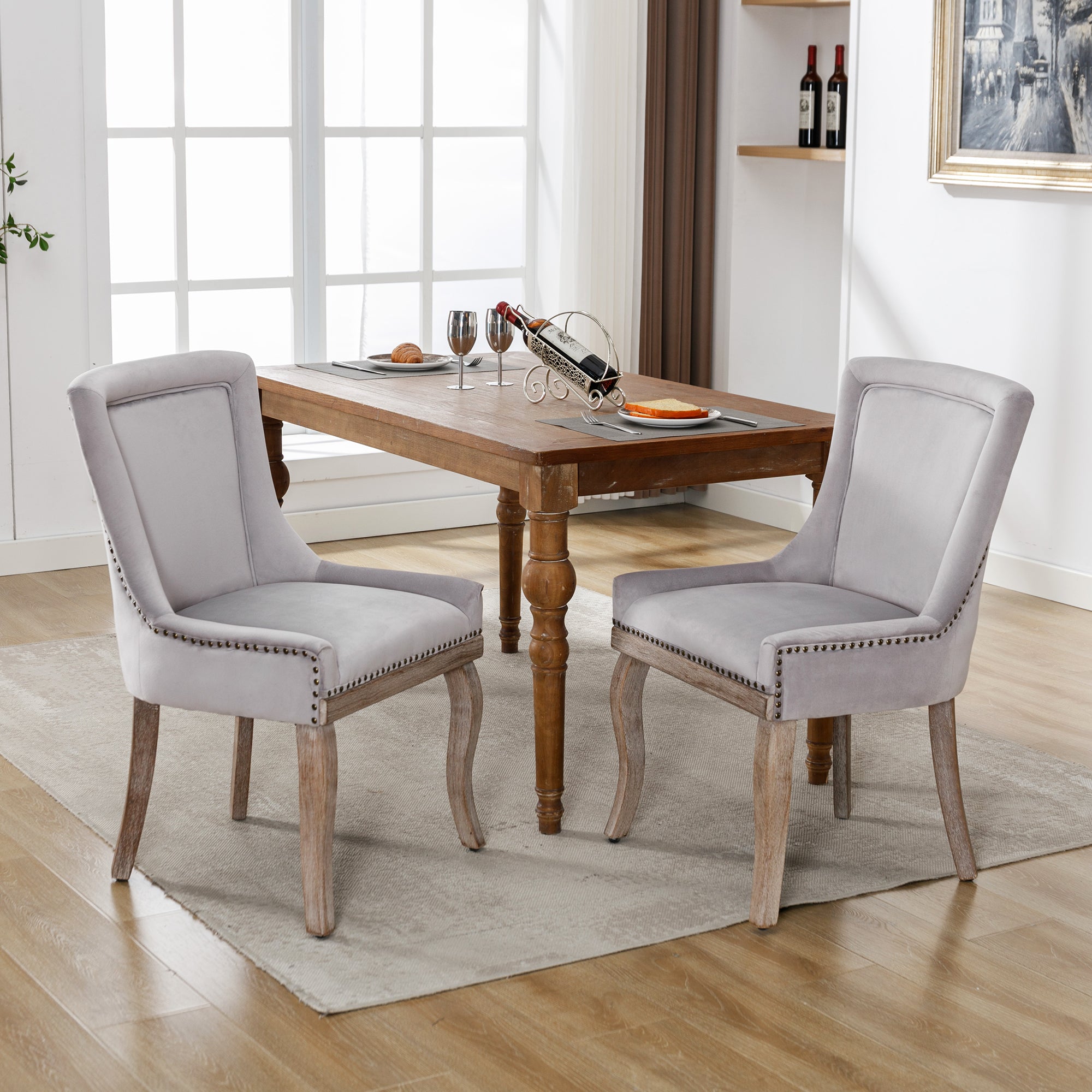 Luxurious Dining Chair Set of 2 Nailhead Trim Solid Wood Legs Grey Velvet