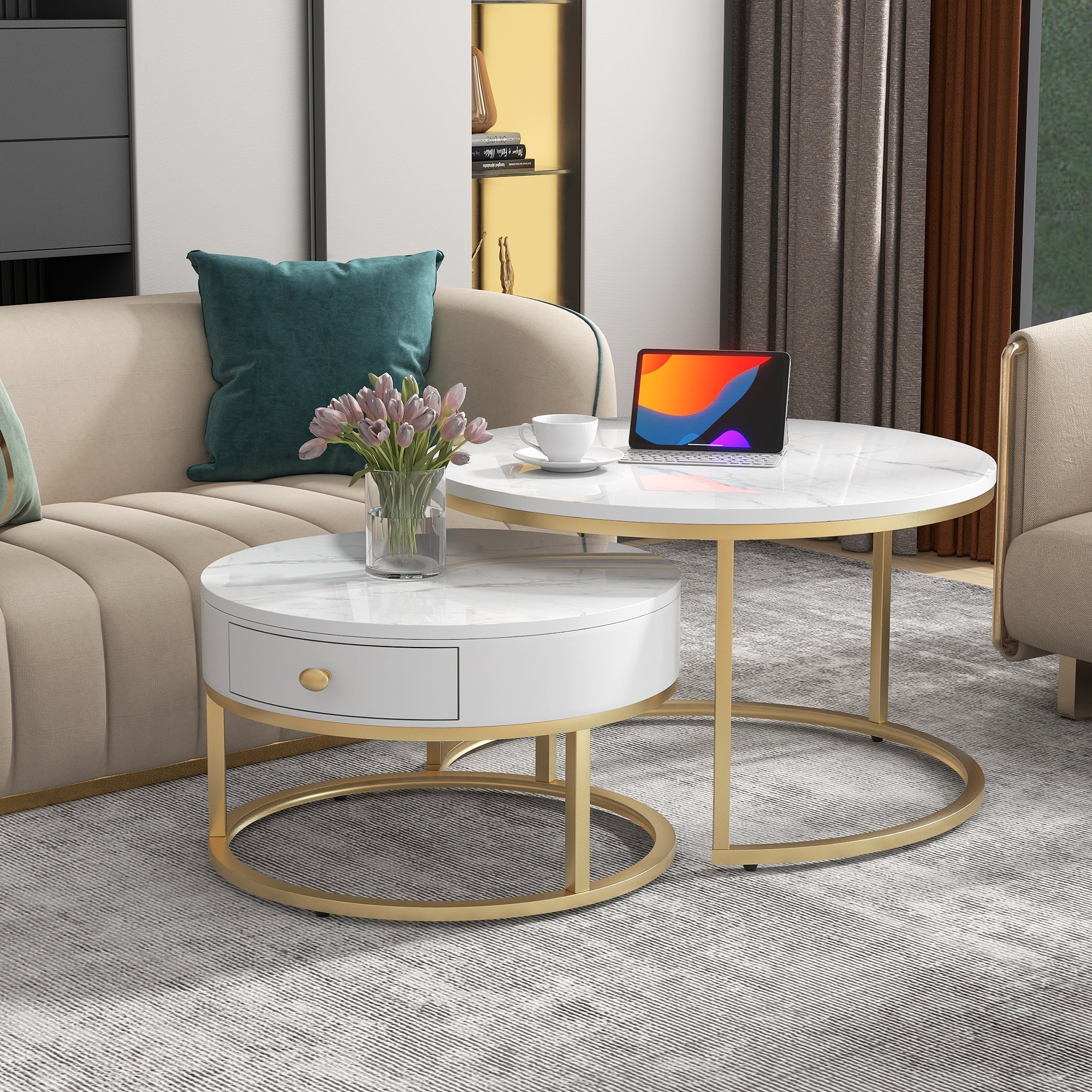Round Coffee Tables, Set of 2 Nesting End Tables with Drawer and Storage, Gold Metal and Marble Pattern Top