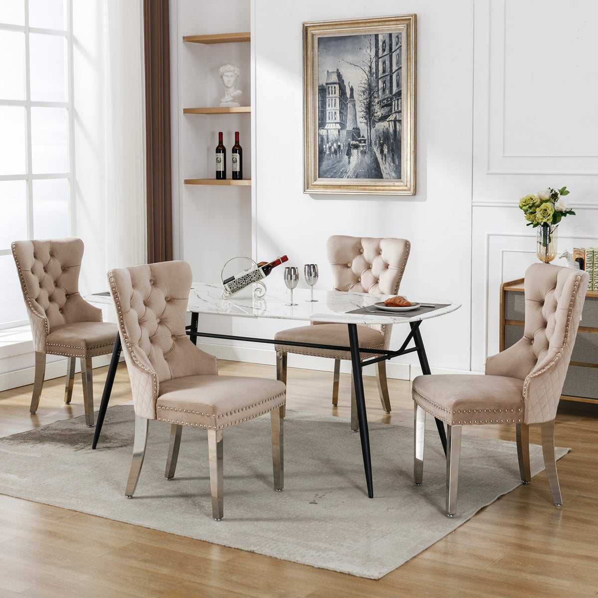 Dining Chair 4-Piece Set Upholstered Door Knocker Nailhead Trim Metal Legs Beige Velvet