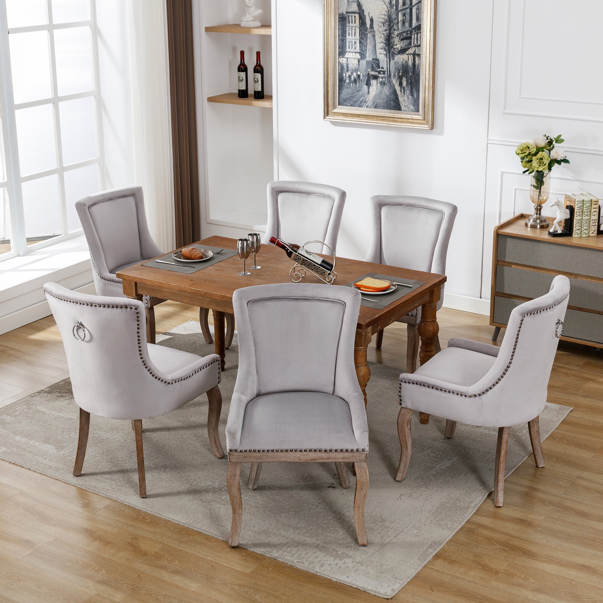 Dining Chair Set of 6 Upholstered Nailhead Trim Solid Wood Legs Grey Velvet