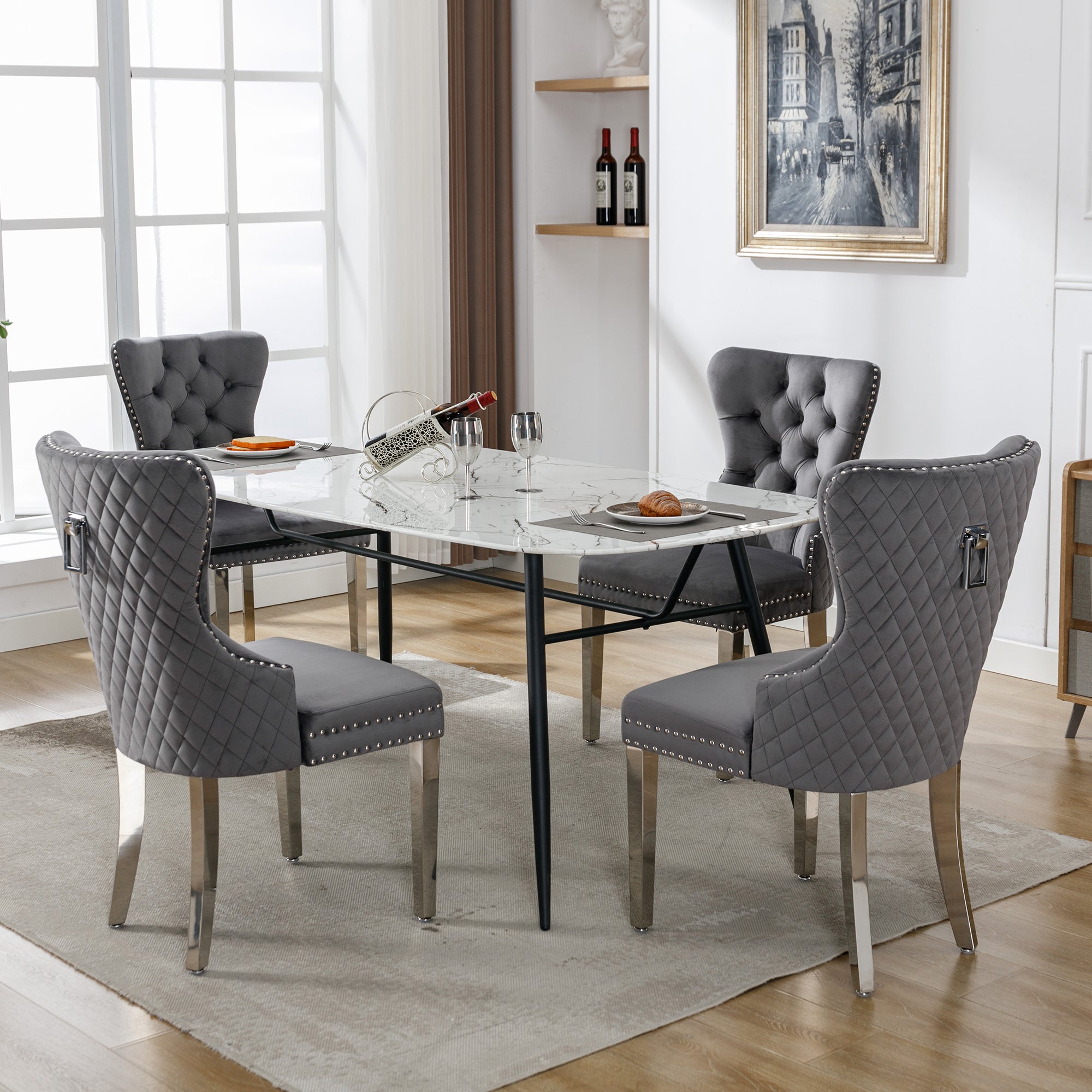 Set of 4 Upholstered Dining Chairs, Door Knocker Back, Metal Legs, Grey Velvet