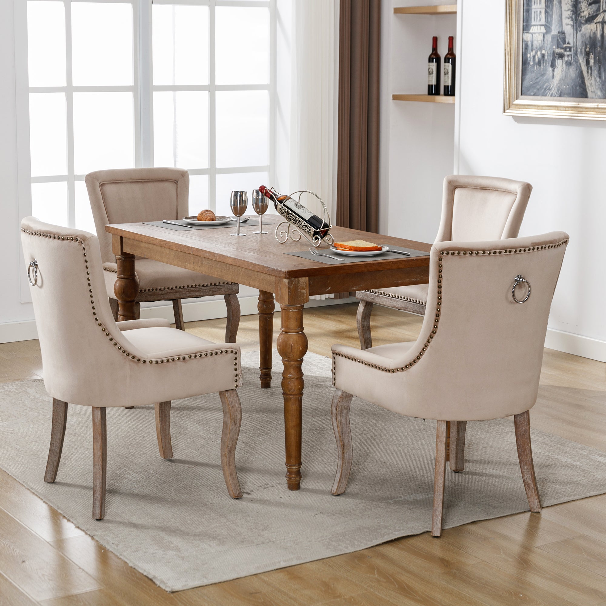 Luxurious Dining Chair, Upholstered Nailhead Trim Solid Wood Legs, Set of 4, Velvet Beige