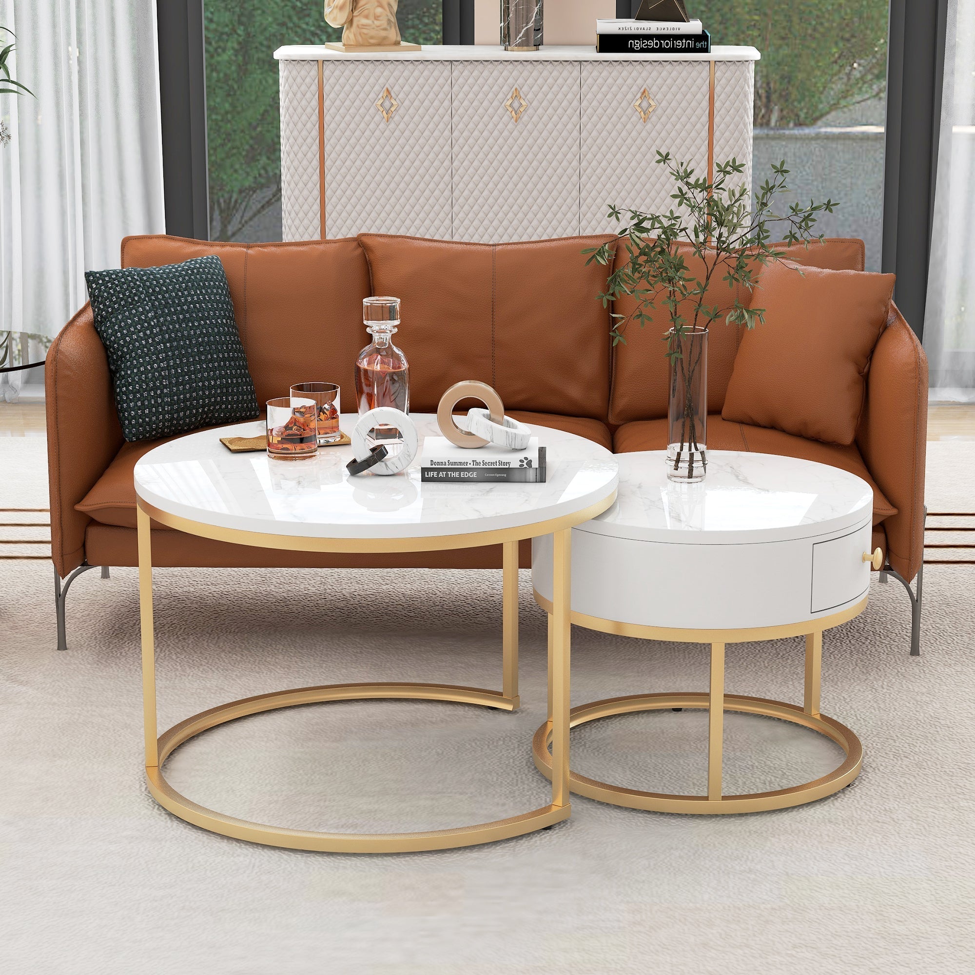 Round Coffee Tables, Set of 2 Nesting End Tables with Drawer and Storage, Gold Metal and Marble Pattern Top