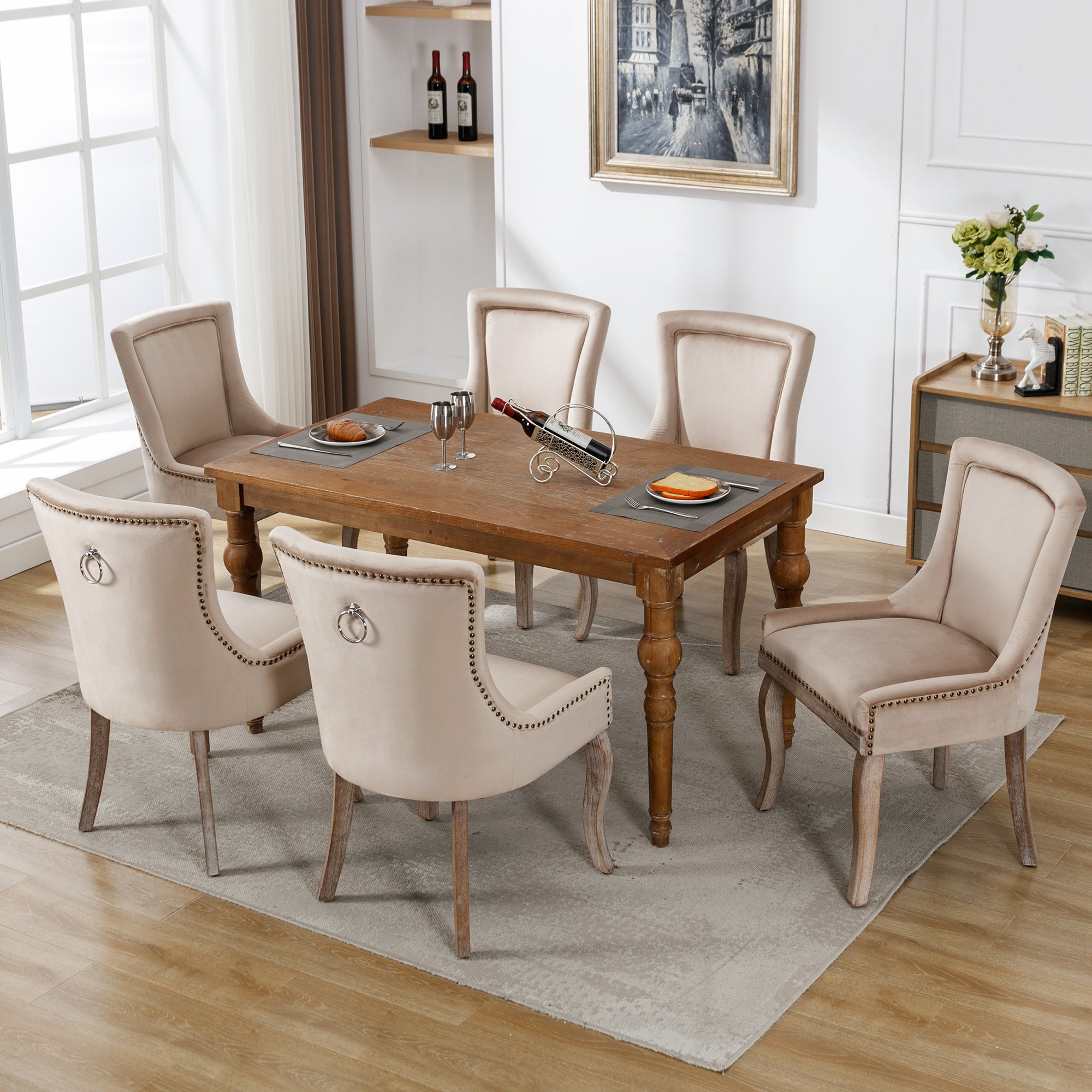Luxurious Dining Chair Set of 6 Upholstered Nailhead Trim Solid Wood Legs Beige Velvet