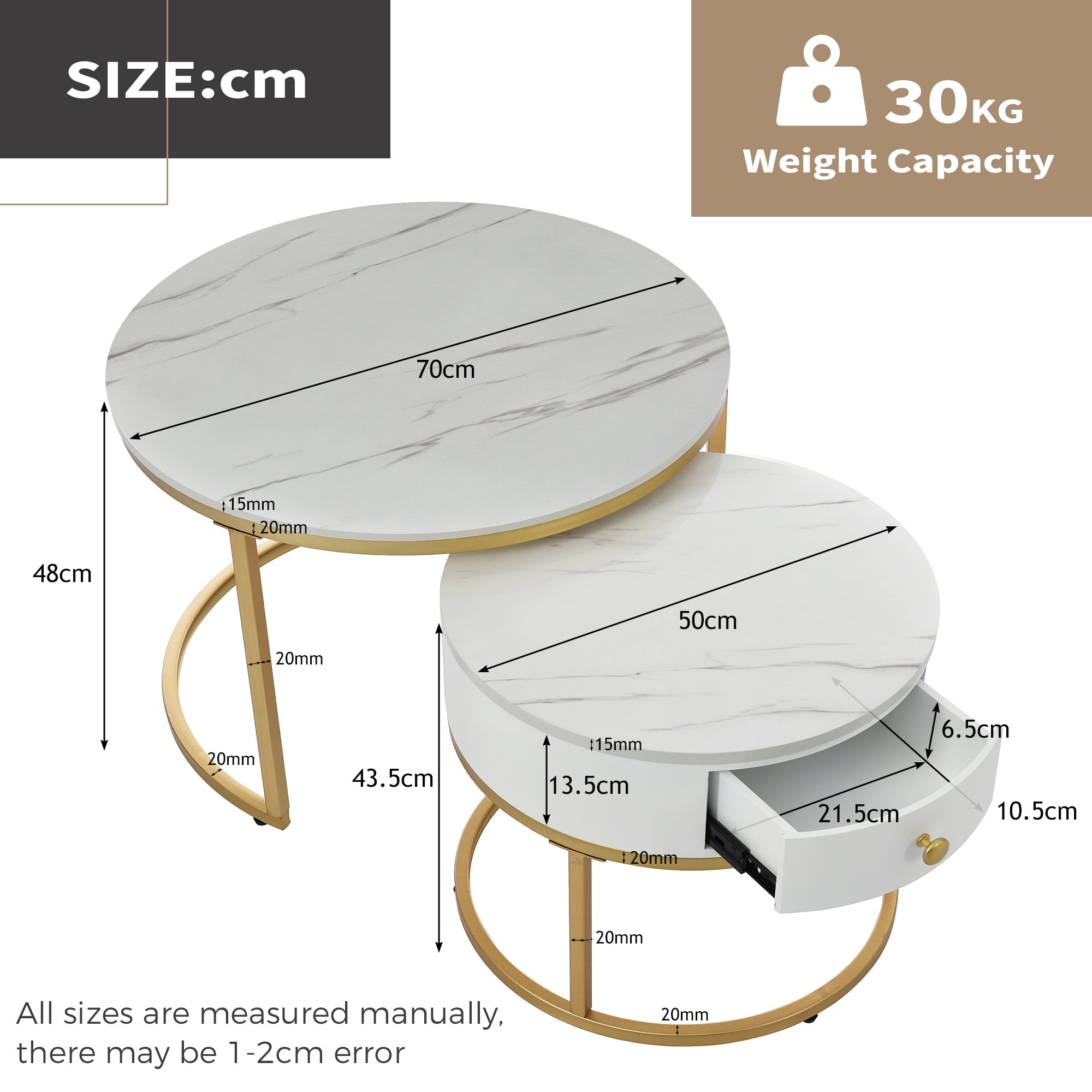 Round Coffee Tables, Set of 2 Nesting End Tables with Drawer and Storage, Gold Metal and Marble Pattern Top