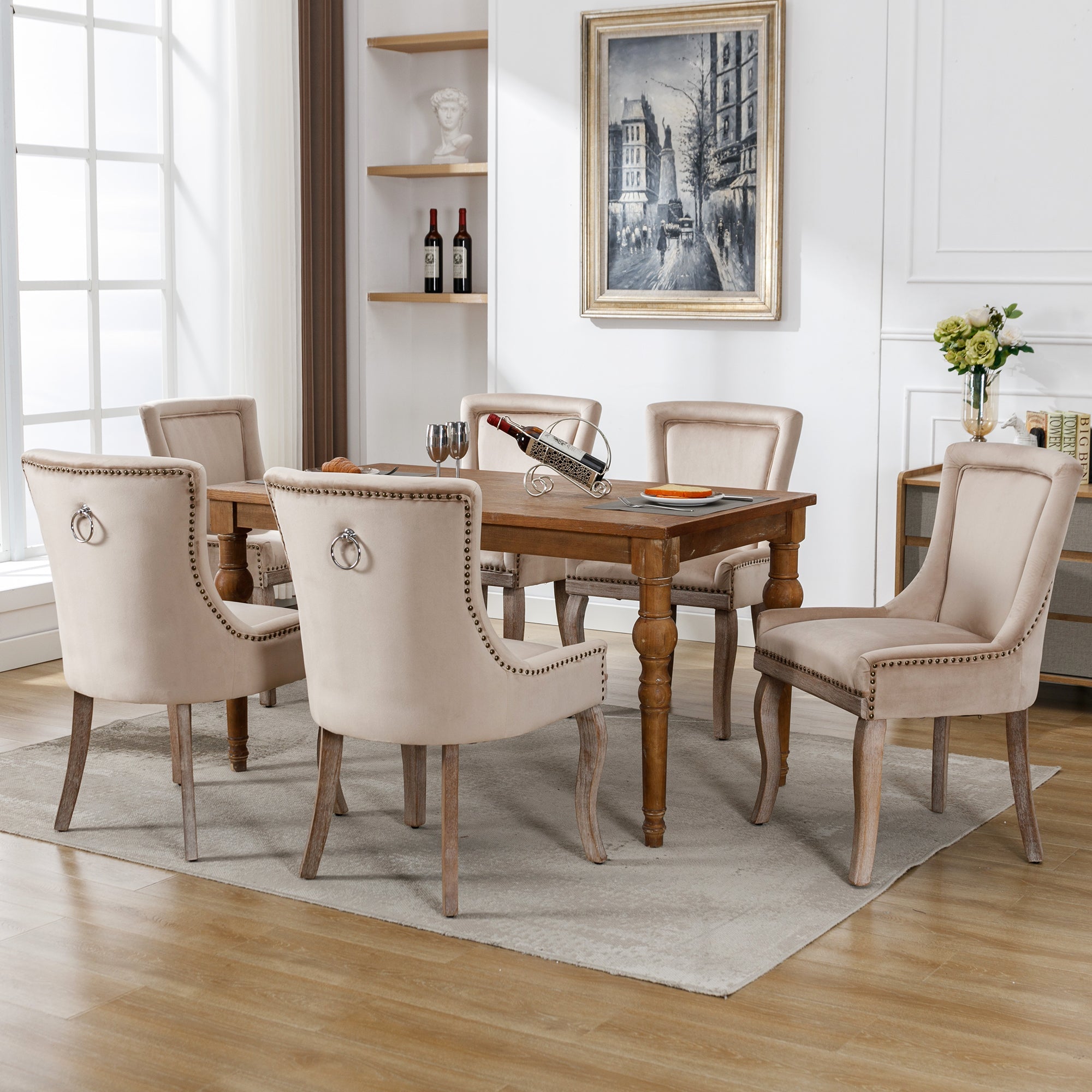 Luxurious Dining Chair Set of 6 Upholstered Nailhead Trim Solid Wood Legs Beige Velvet