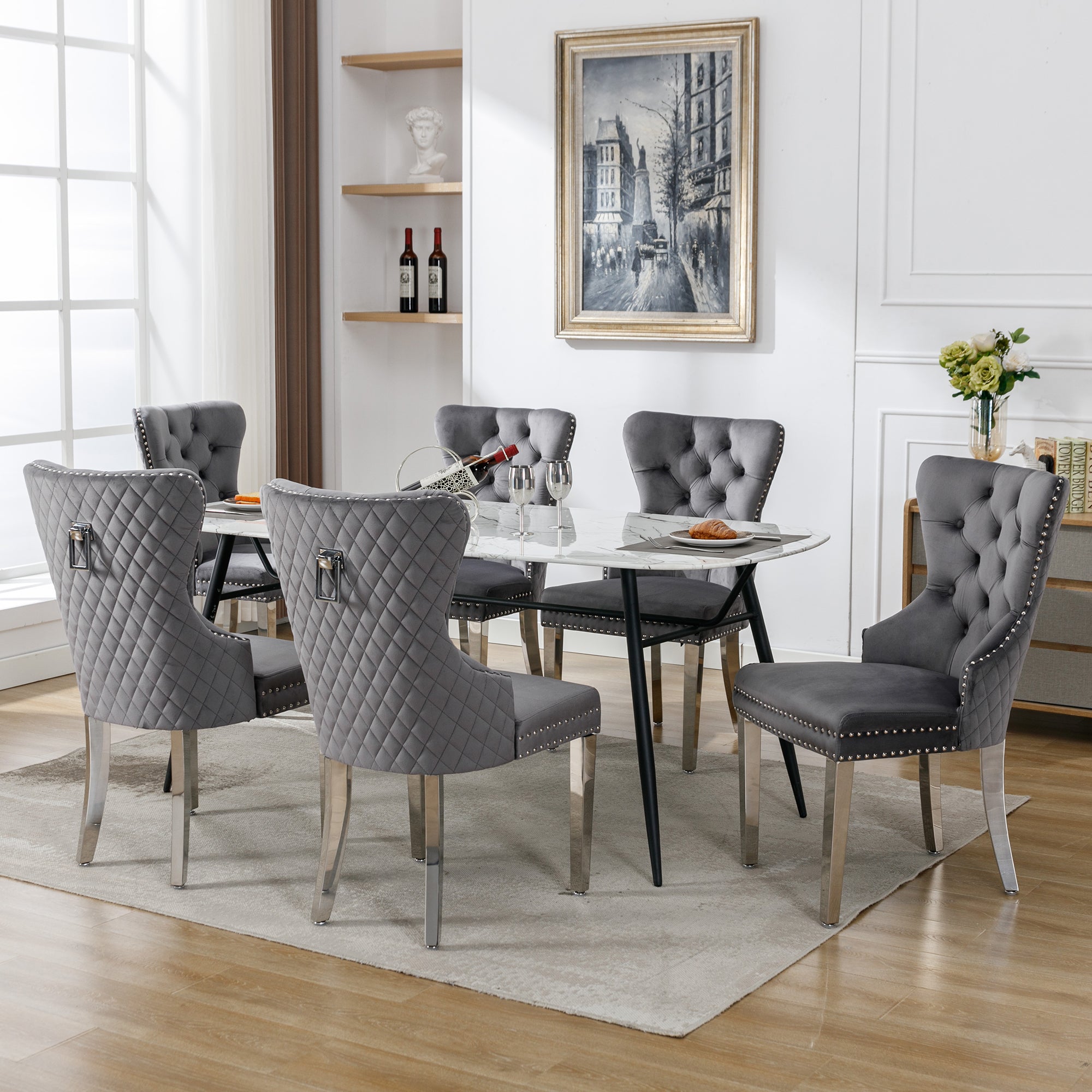 Dining Chairs Set of 6 Upholstered Door Knocker Nailhead Trim Grey Velvet