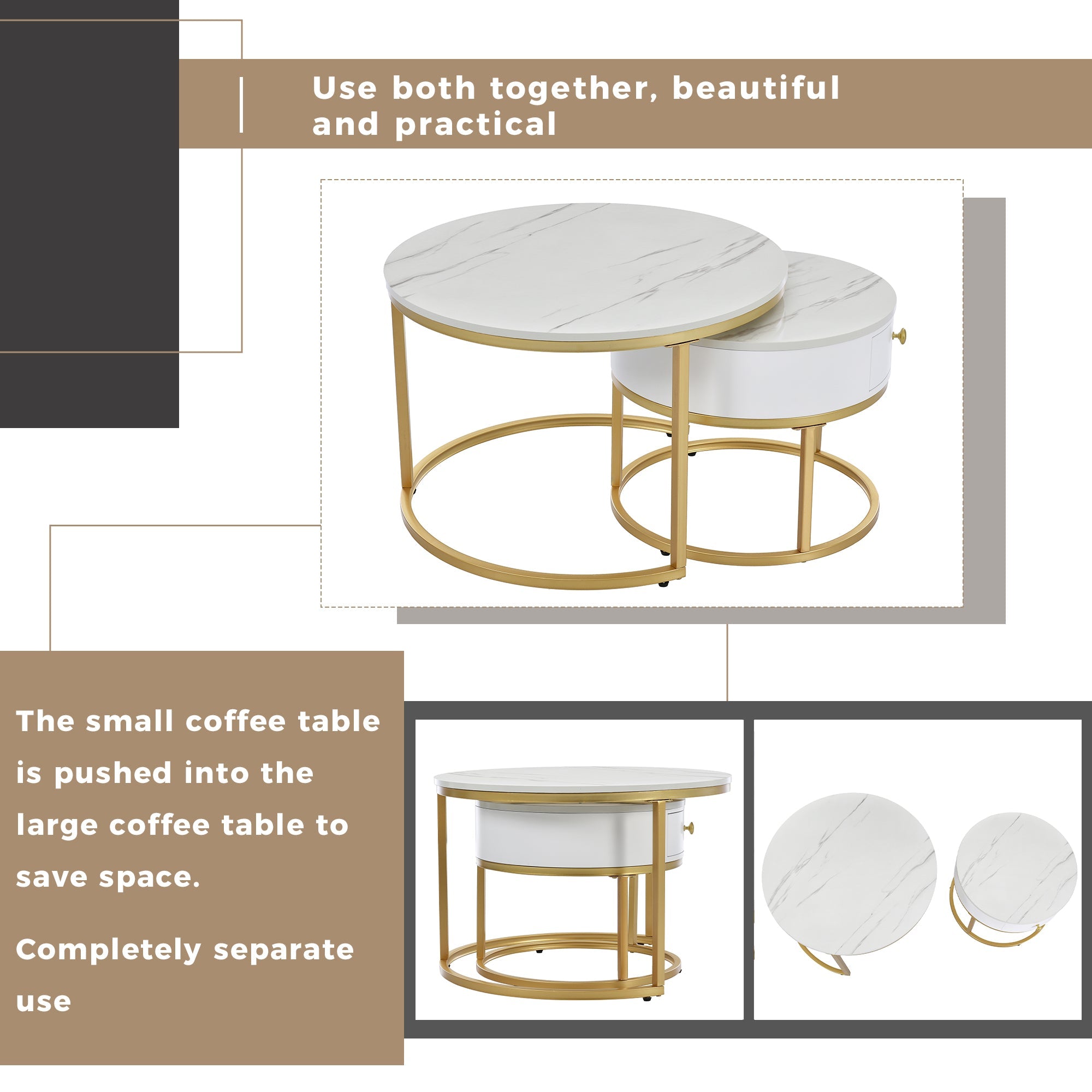 Round Coffee Tables, Set of 2 Nesting End Tables with Drawer and Storage, Gold Metal and Marble Pattern Top