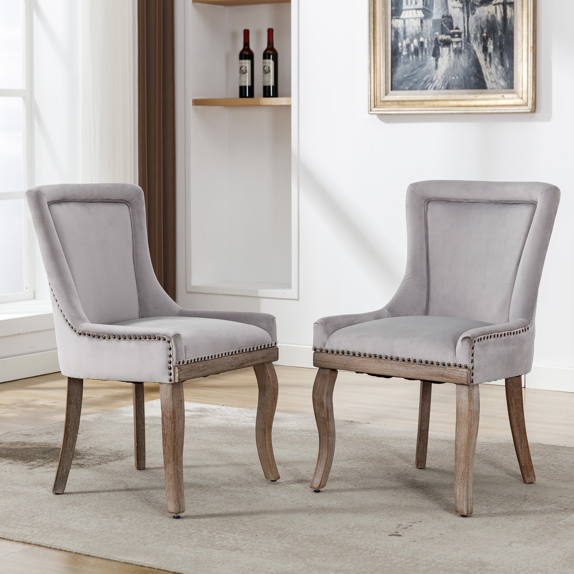 Luxurious Dining Chair Set of 2 Nailhead Trim Solid Wood Legs Grey Velvet
