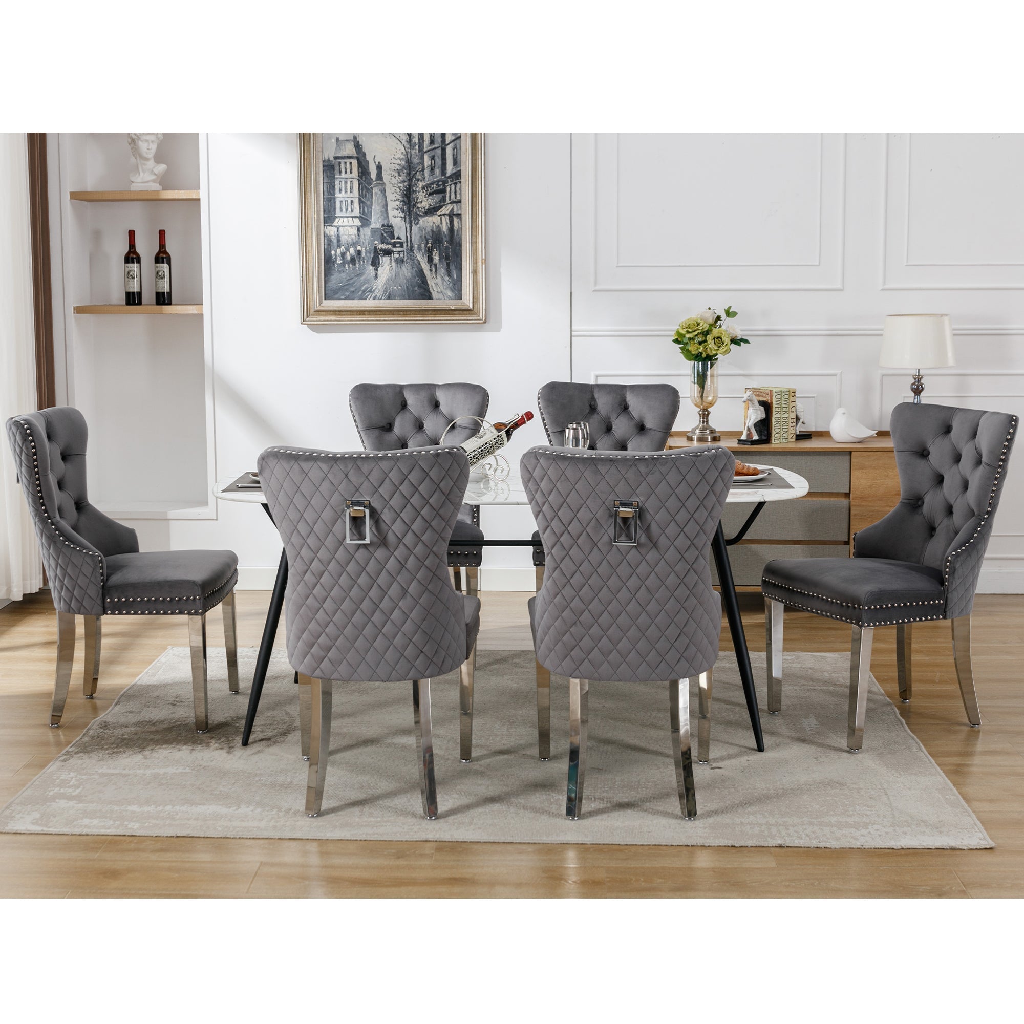 Dining Chairs Set of 6 Upholstered Door Knocker Nailhead Trim Grey Velvet