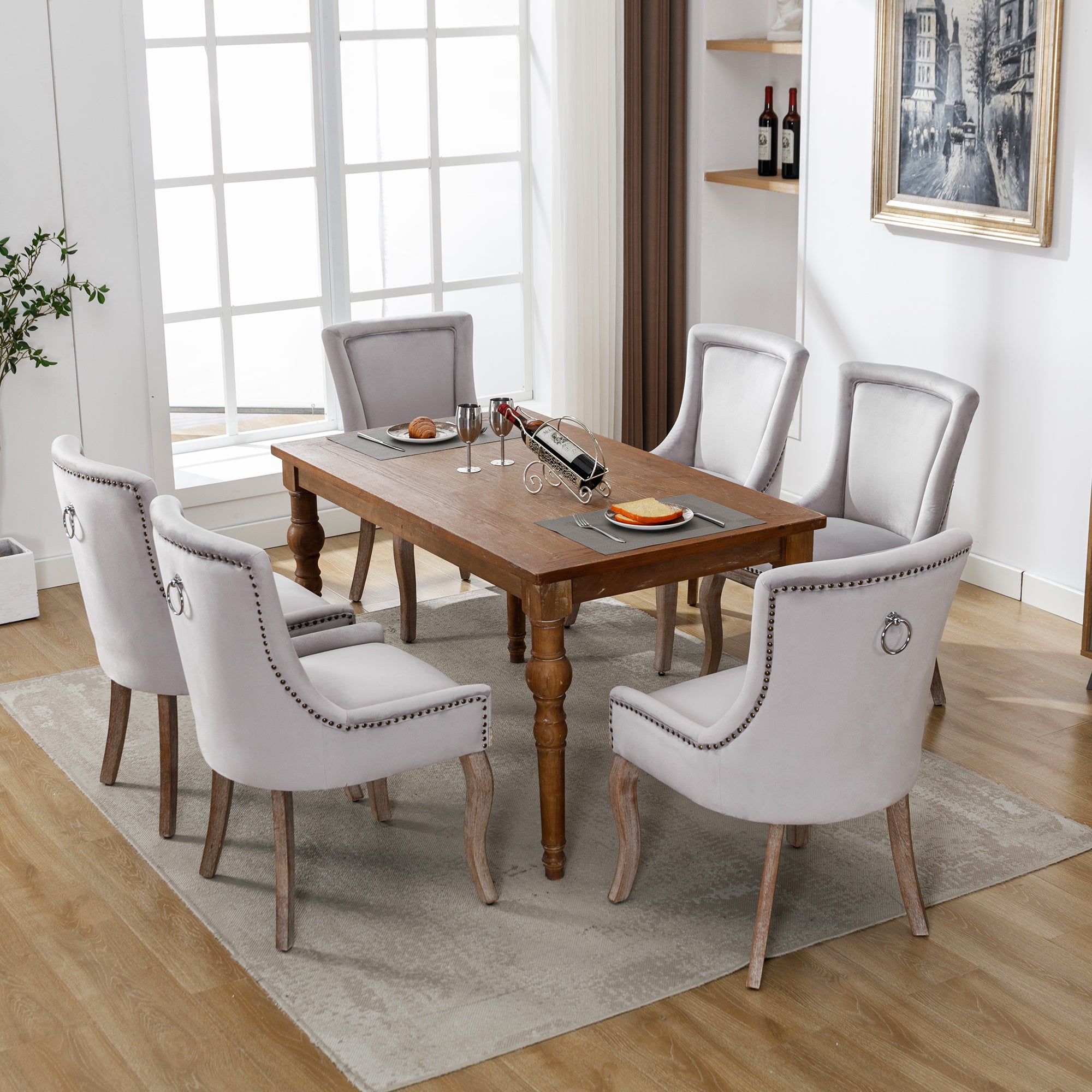 Dining Chair Set of 6 Upholstered Nailhead Trim Solid Wood Legs Grey Velvet