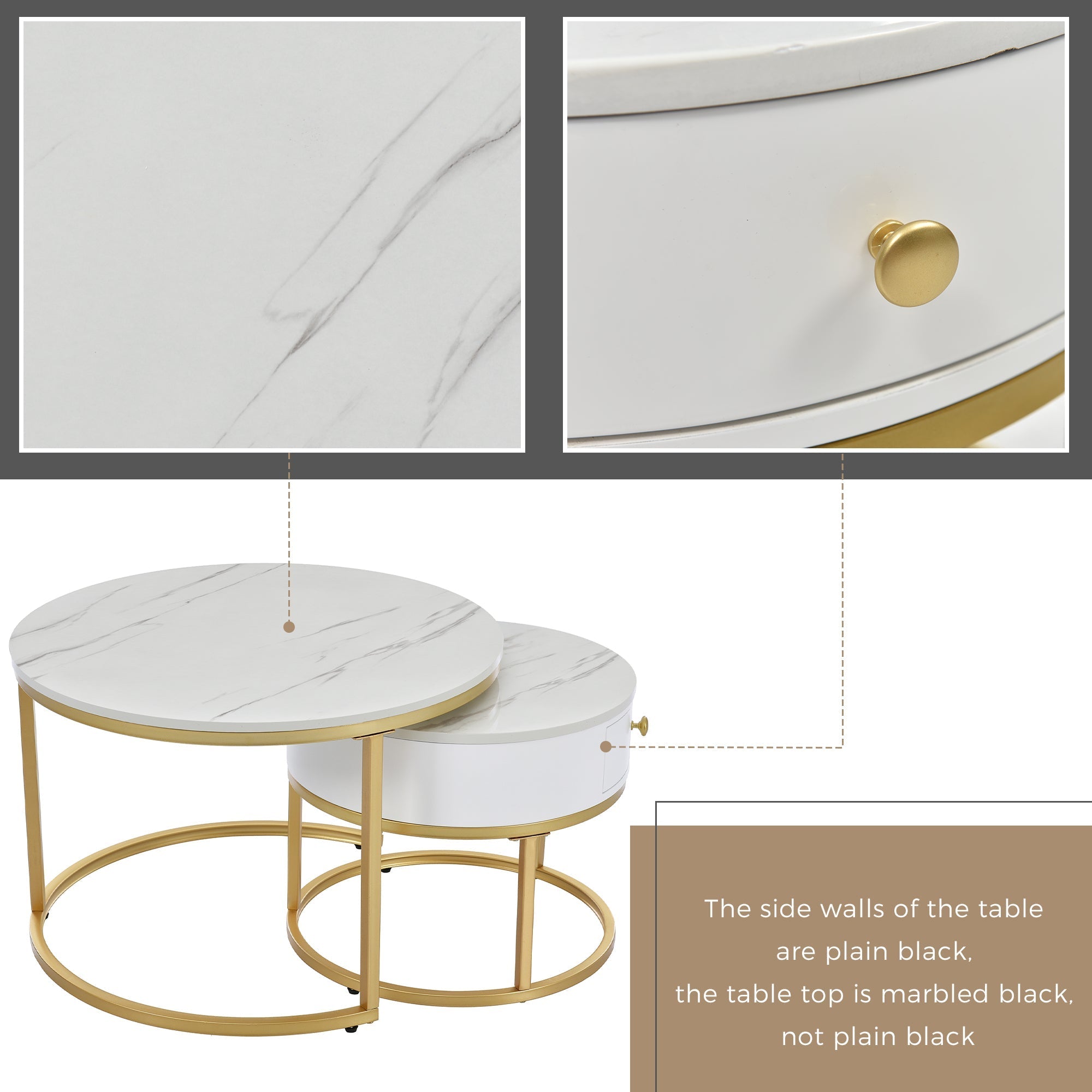 Round Coffee Tables, Set of 2 Nesting End Tables with Drawer and Storage, Gold Metal and Marble Pattern Top