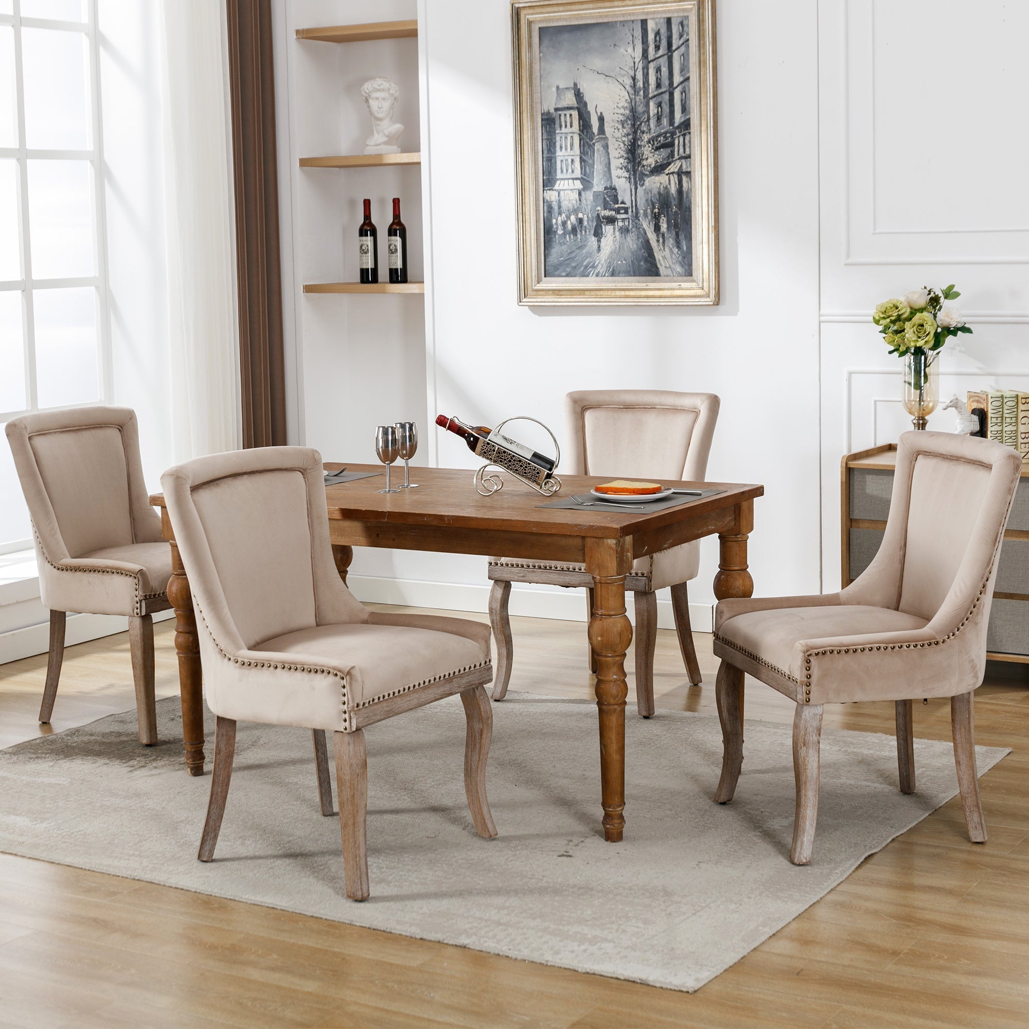 Luxurious Dining Chair, Upholstered Nailhead Trim Solid Wood Legs, Set of 4, Velvet Beige