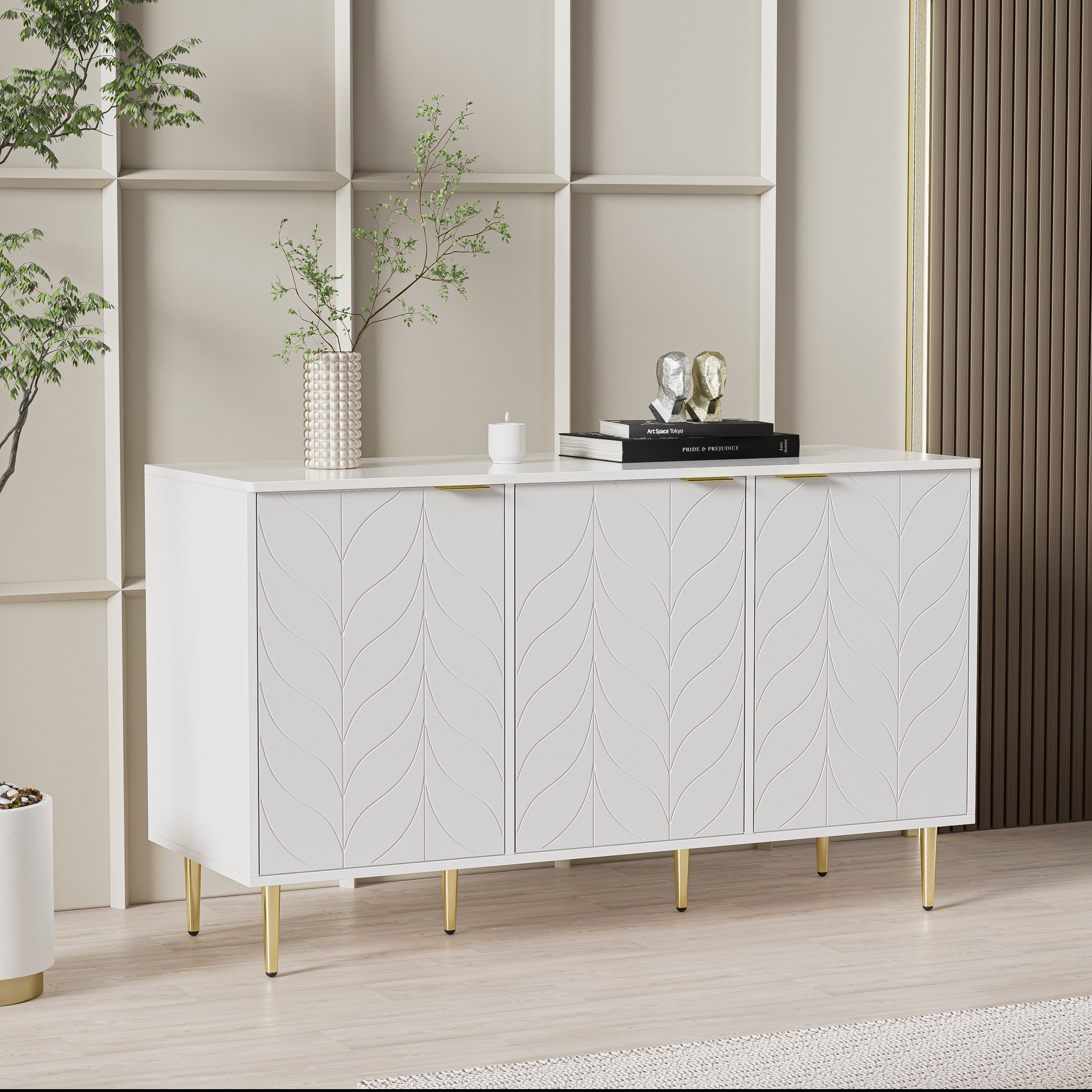 Modern Sideboard with 6 Compartments and Floral Pattern, White with Gold Accents