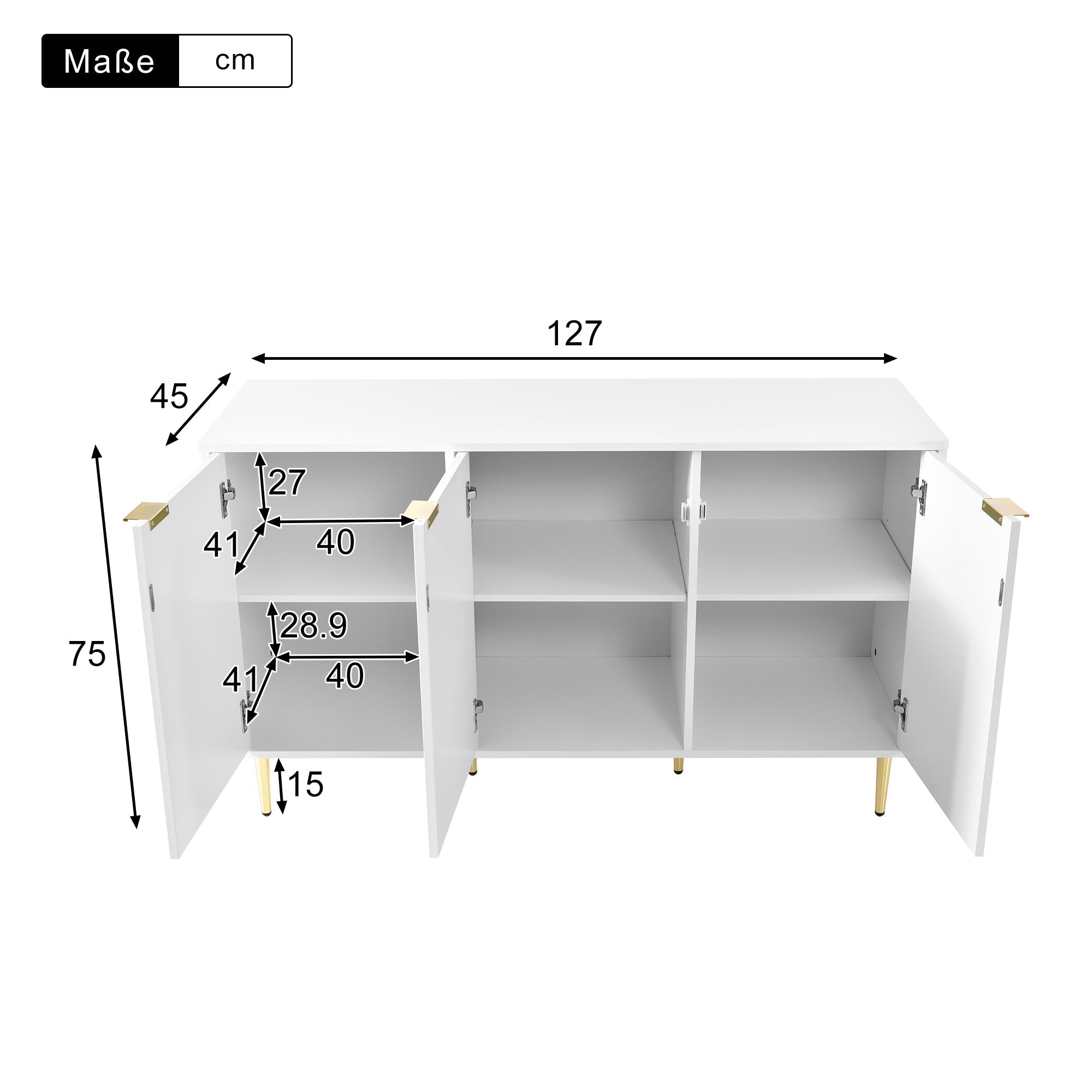 Modern Sideboard with 6 Compartments and Floral Pattern, White with Gold Accents