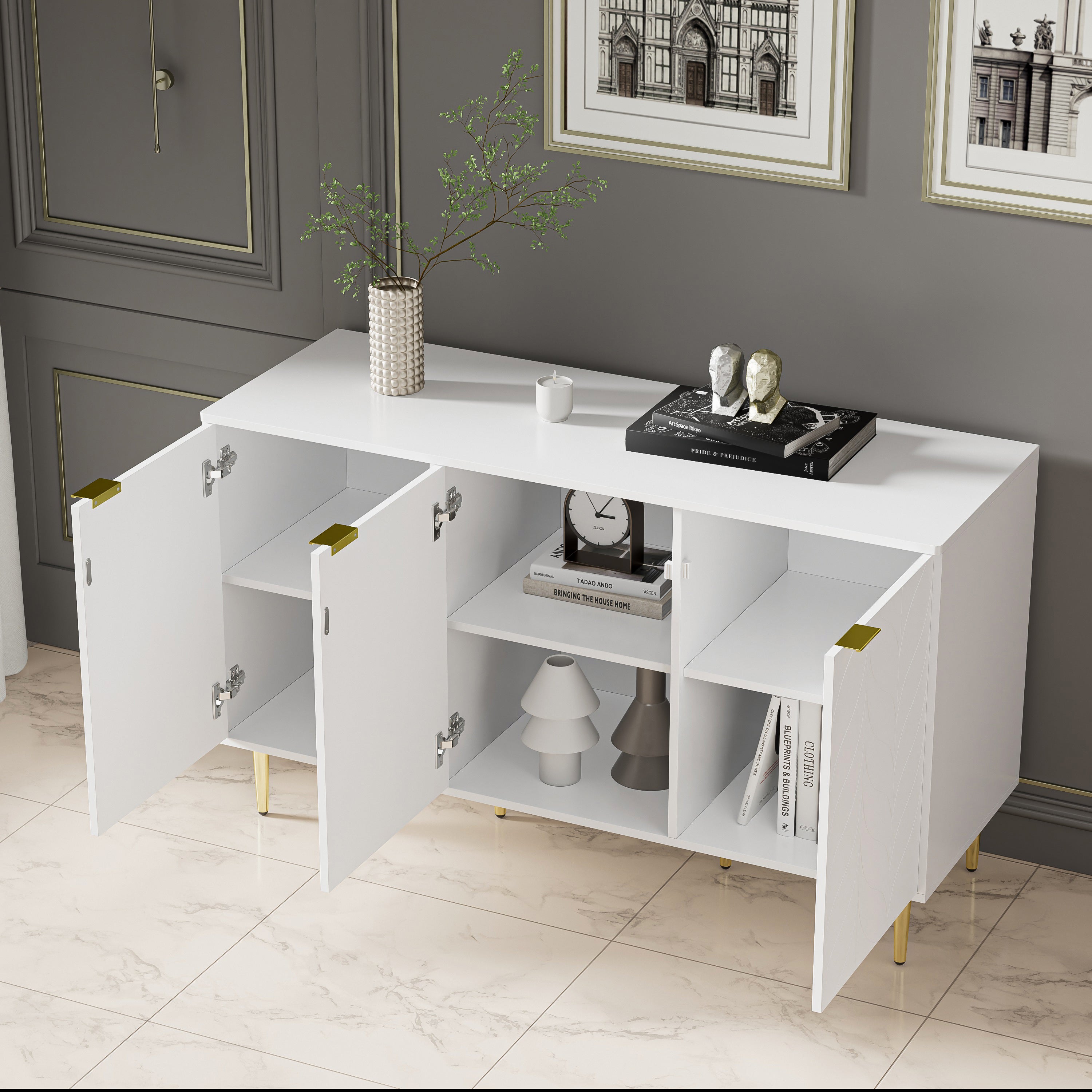 Modern Sideboard with 6 Compartments and Floral Pattern, White with Gold Accents