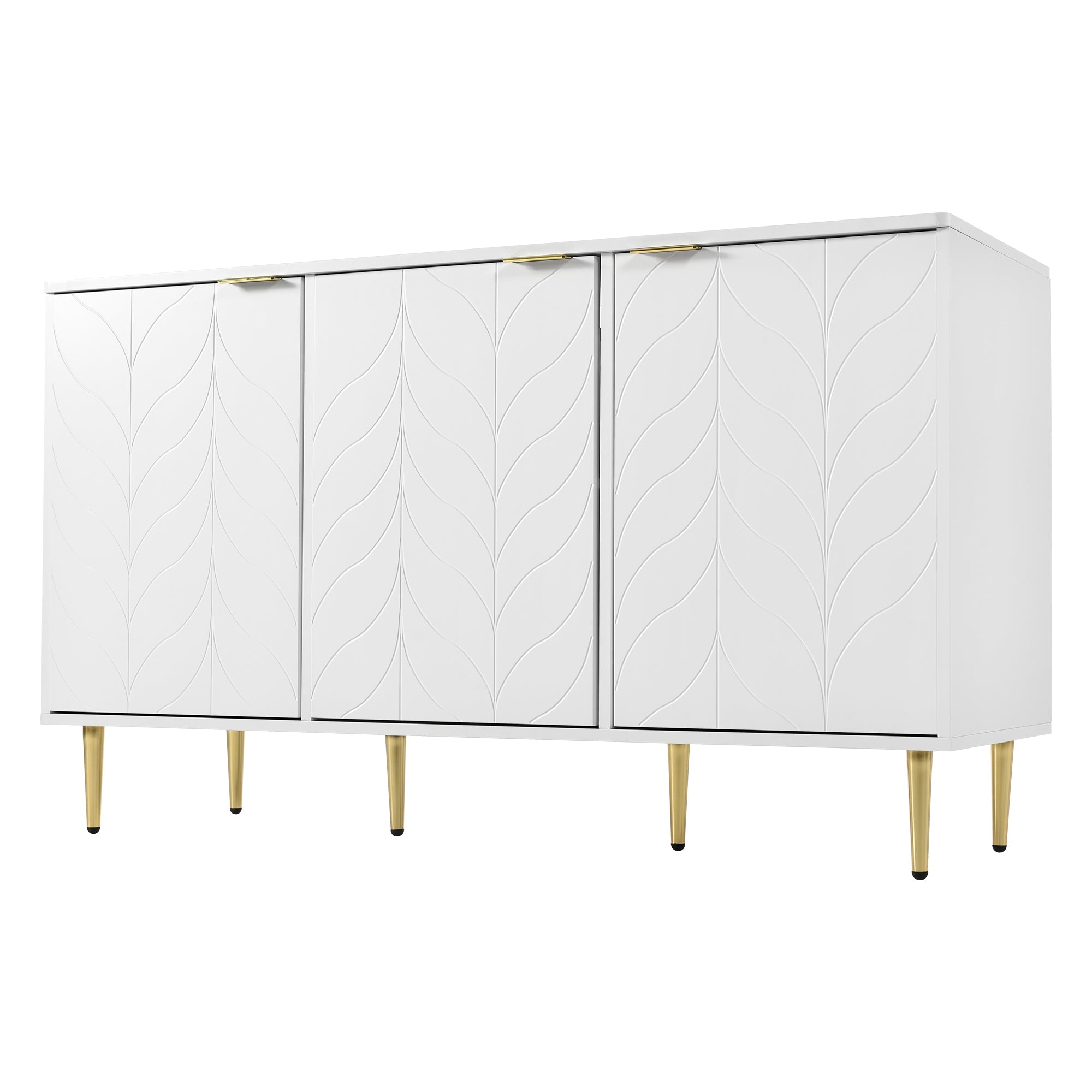 Modern Sideboard with 6 Compartments and Floral Pattern, White with Gold Accents