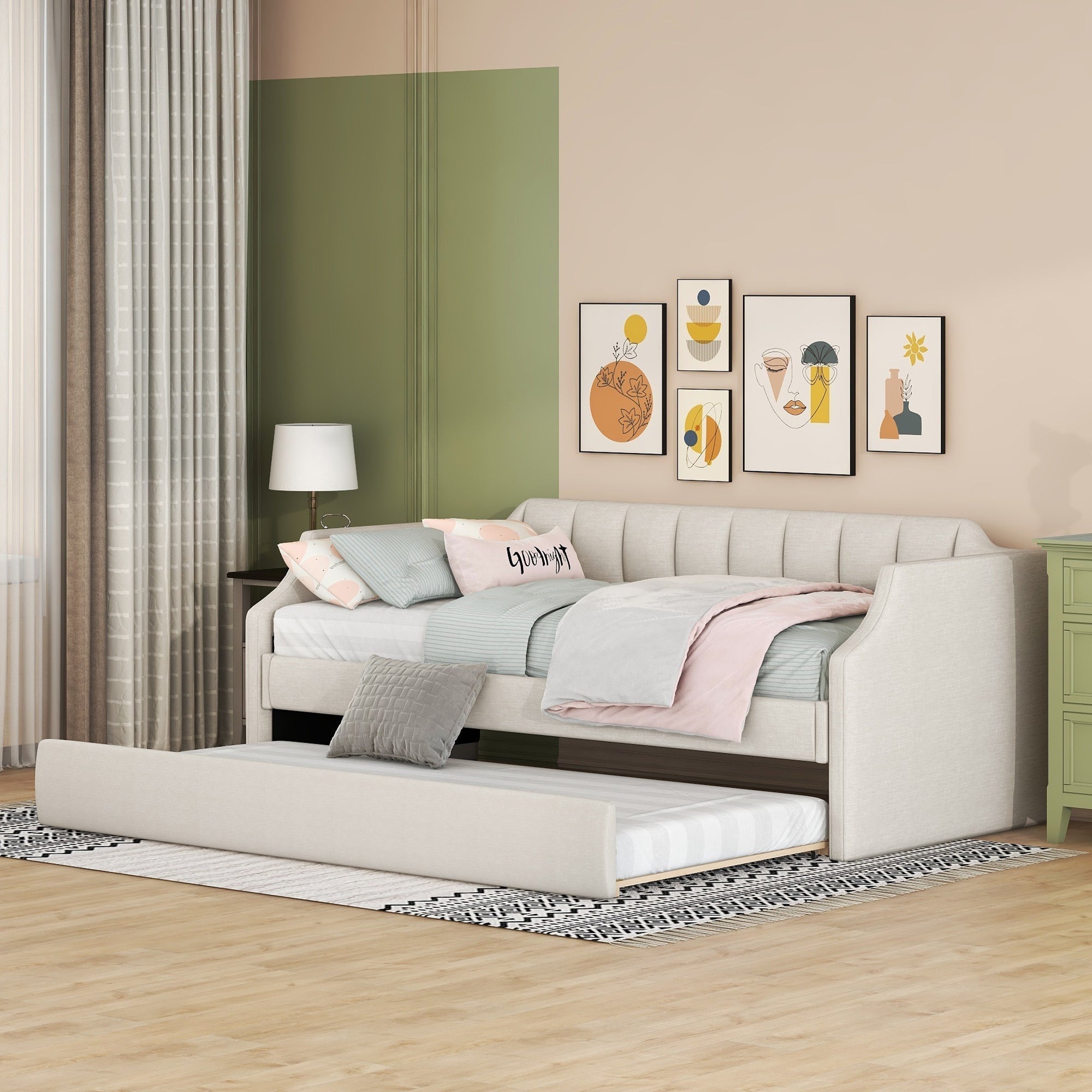 Daybed 90x200cm Upholstered Rollaway Bed - Beige
