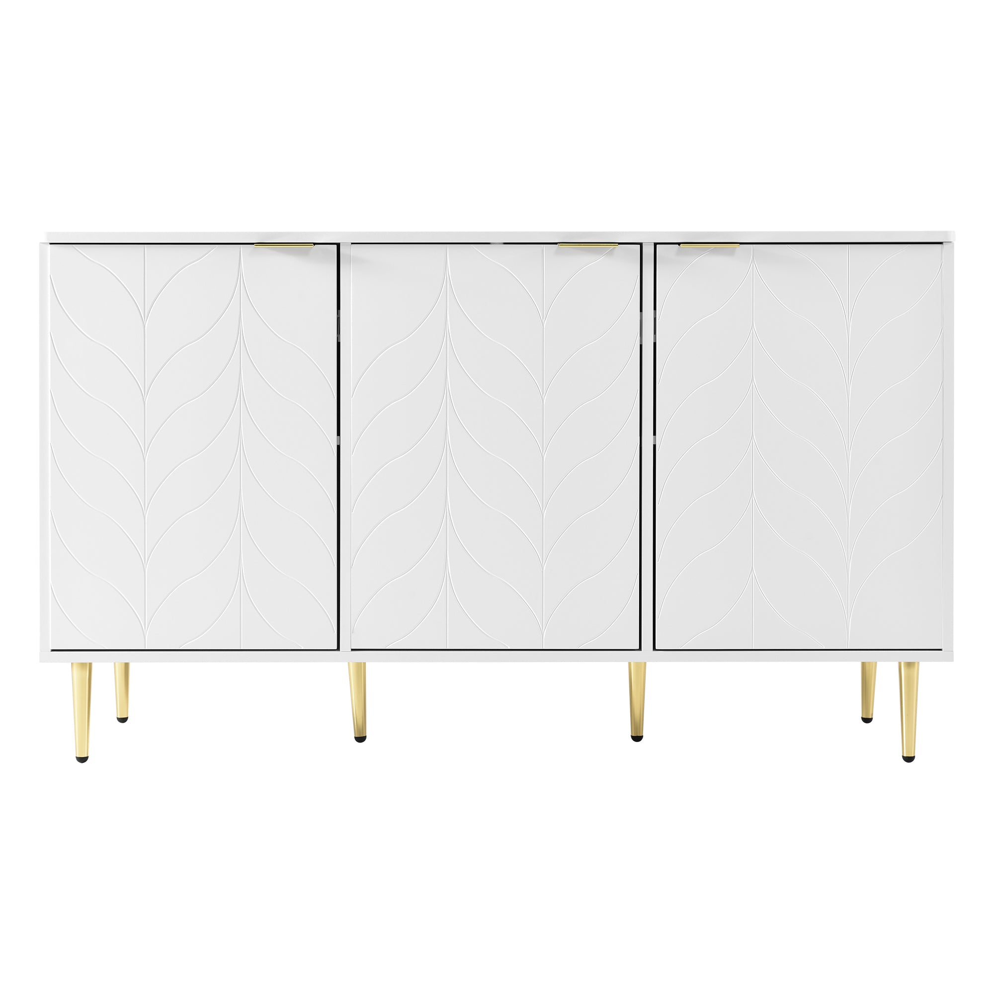 Modern Sideboard with 6 Compartments and Floral Pattern, White with Gold Accents