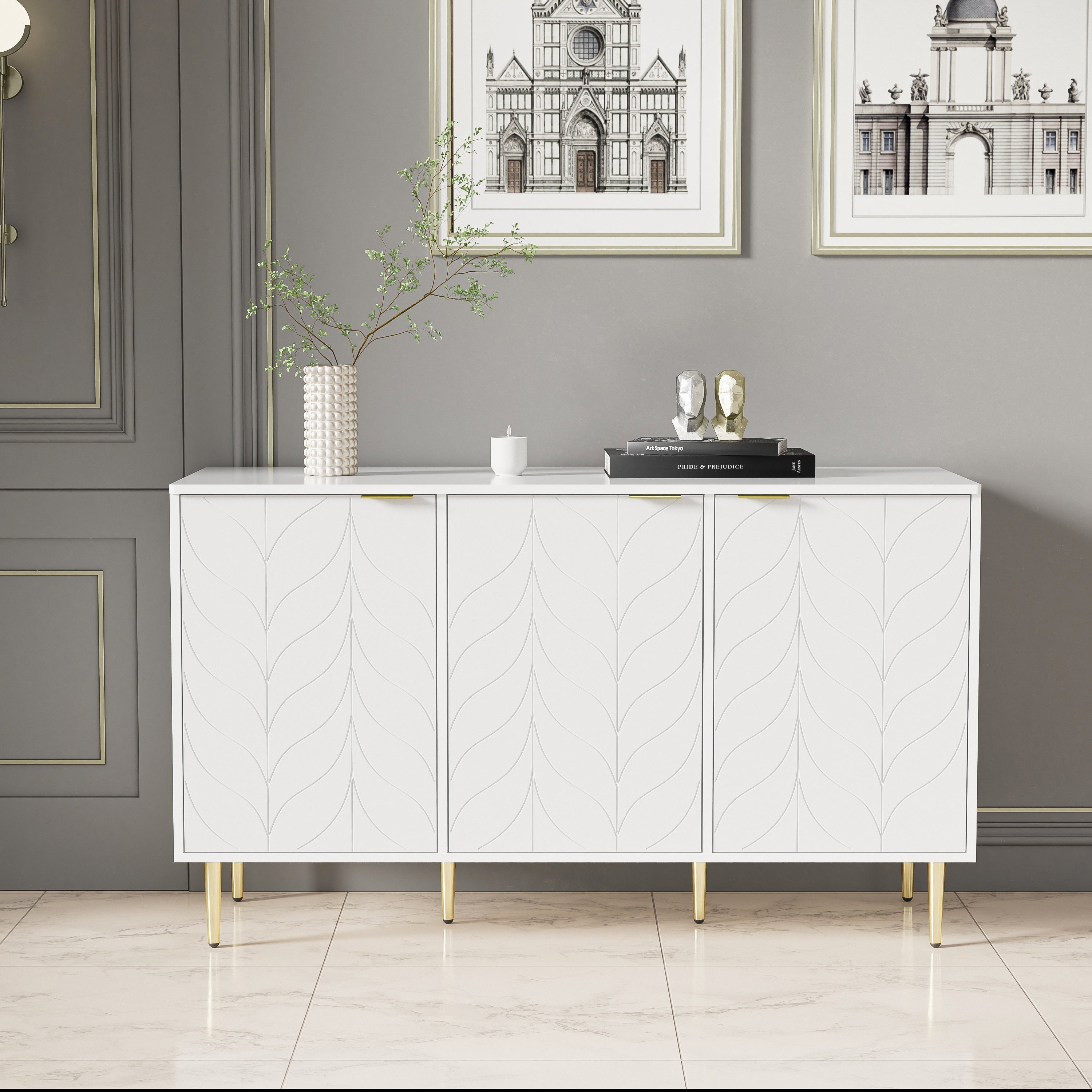 Modern Sideboard with 6 Compartments and Floral Pattern, White with Gold Accents