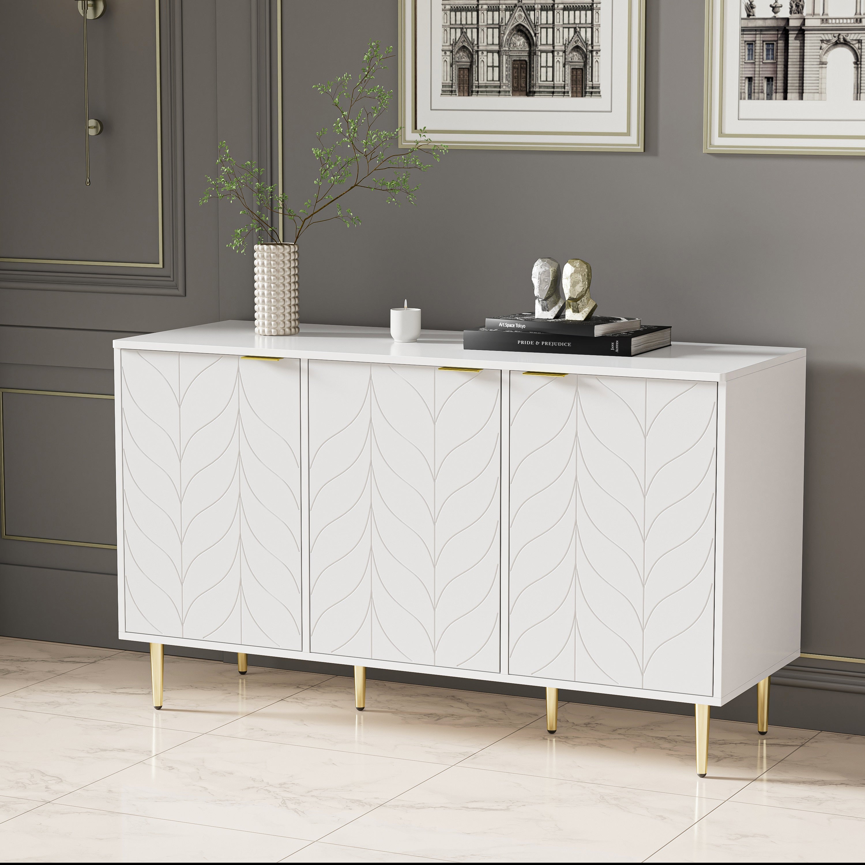 Modern Sideboard with 6 Compartments and Floral Pattern, White with Gold Accents