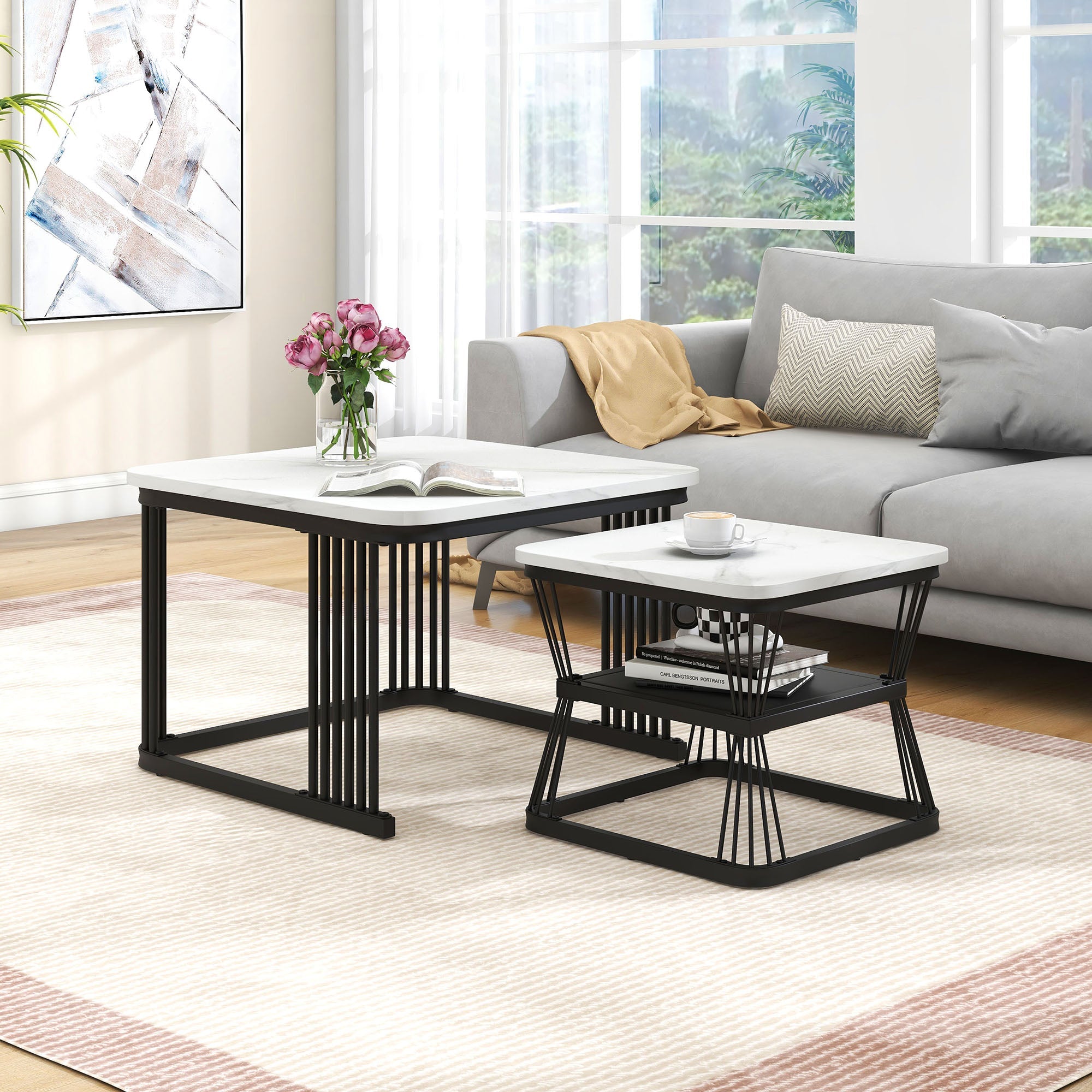 Nest of 2 Square Coffee Tables, Nesting End Side Tables, Black Metal Frame, Marble Pattern White Top