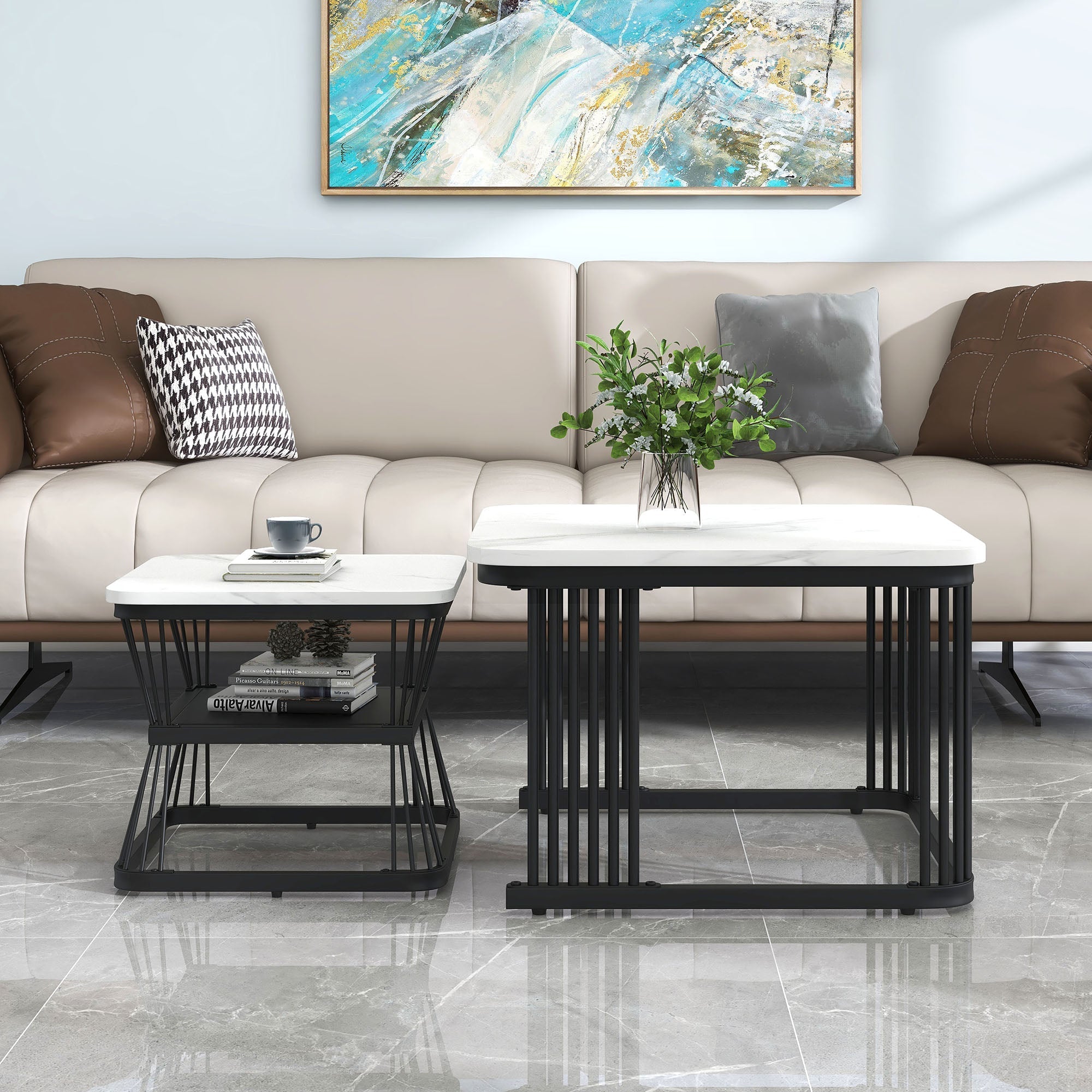 Nest of 2 Square Coffee Tables, Nesting End Side Tables, Black Metal Frame, Marble Pattern White Top
