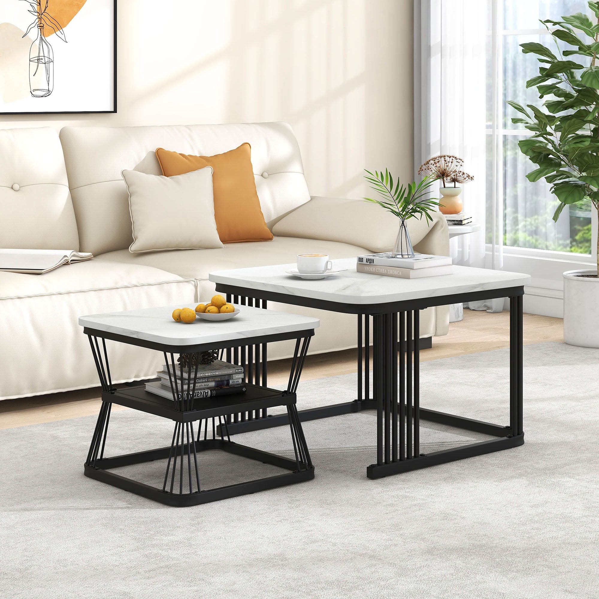 Nest of 2 Square Coffee Tables, Nesting End Side Tables, Black Metal Frame, Marble Pattern White Top