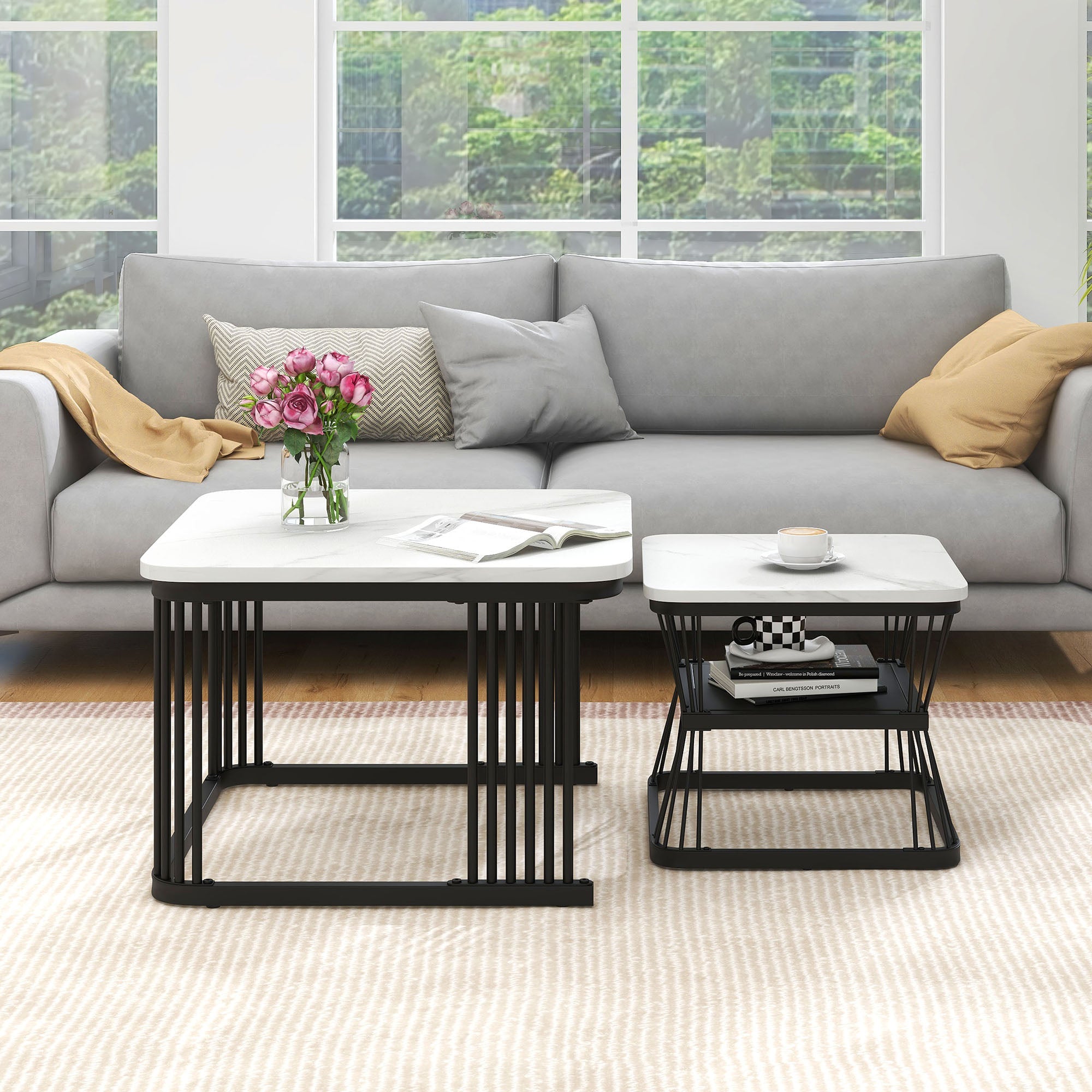 Nest of 2 Square Coffee Tables, Nesting End Side Tables, Black Metal Frame, Marble Pattern White Top
