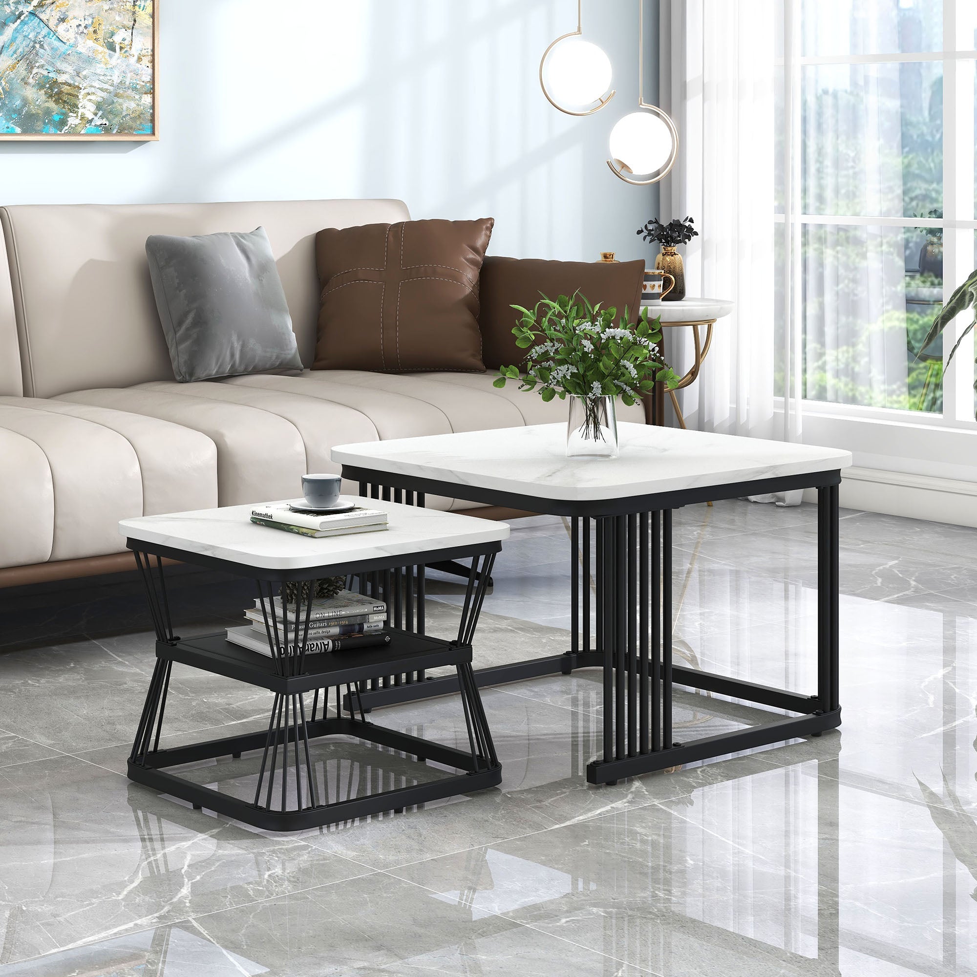 Nest of 2 Square Coffee Tables, Nesting End Side Tables, Black Metal Frame, Marble Pattern White Top