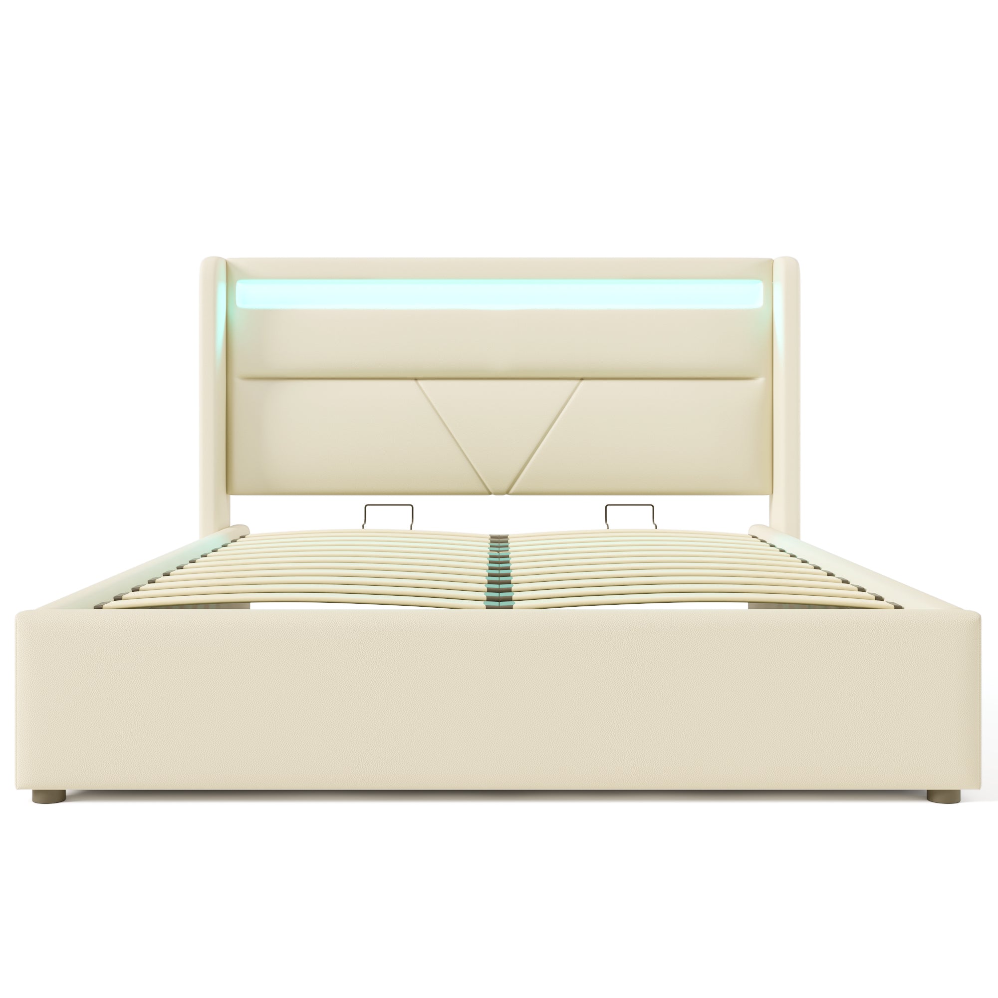 Hydraulic Storage Bed, 160x200cm Upholstered with LED Strip, White
