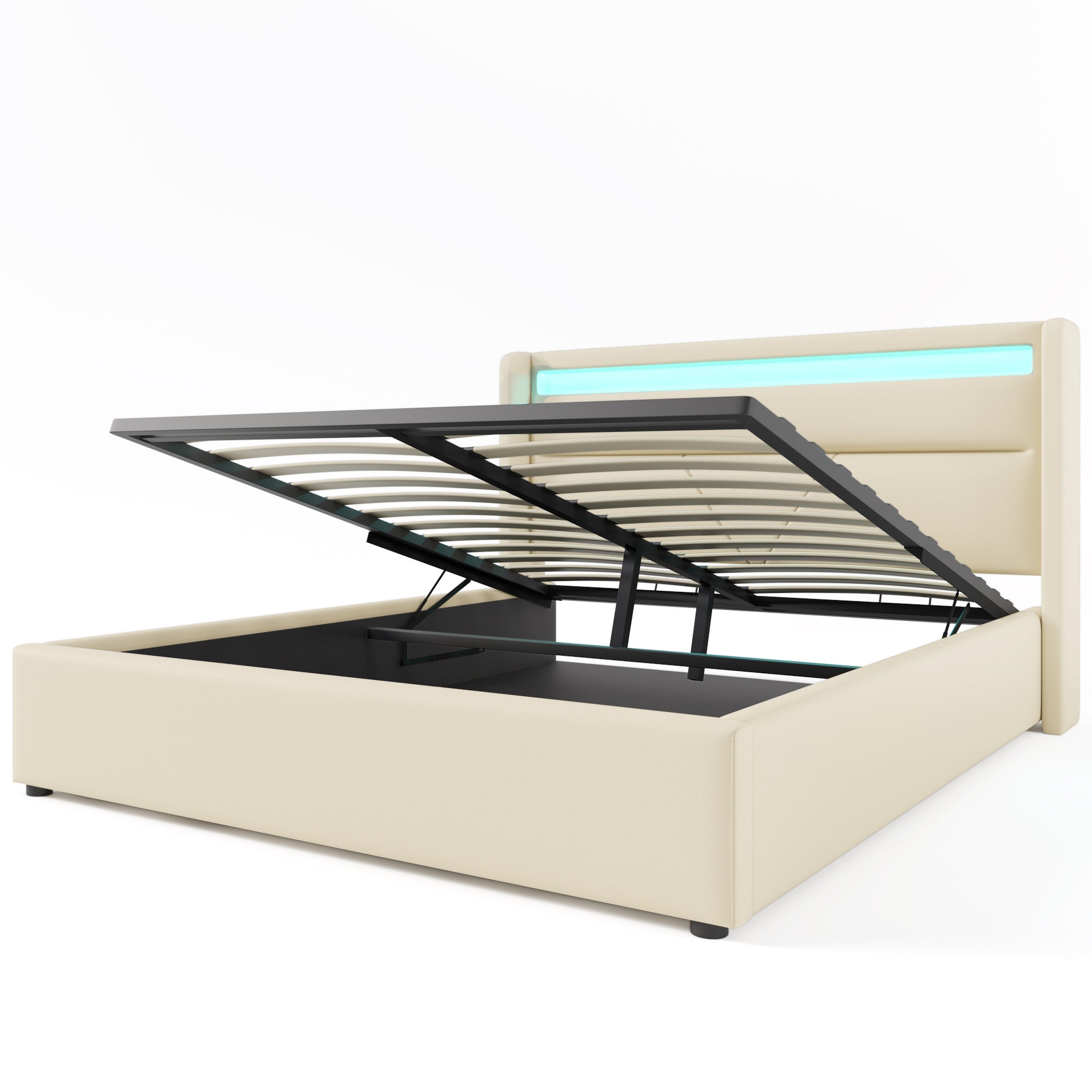 Hydraulic Storage Bed, 160x200cm Upholstered with LED Strip, White