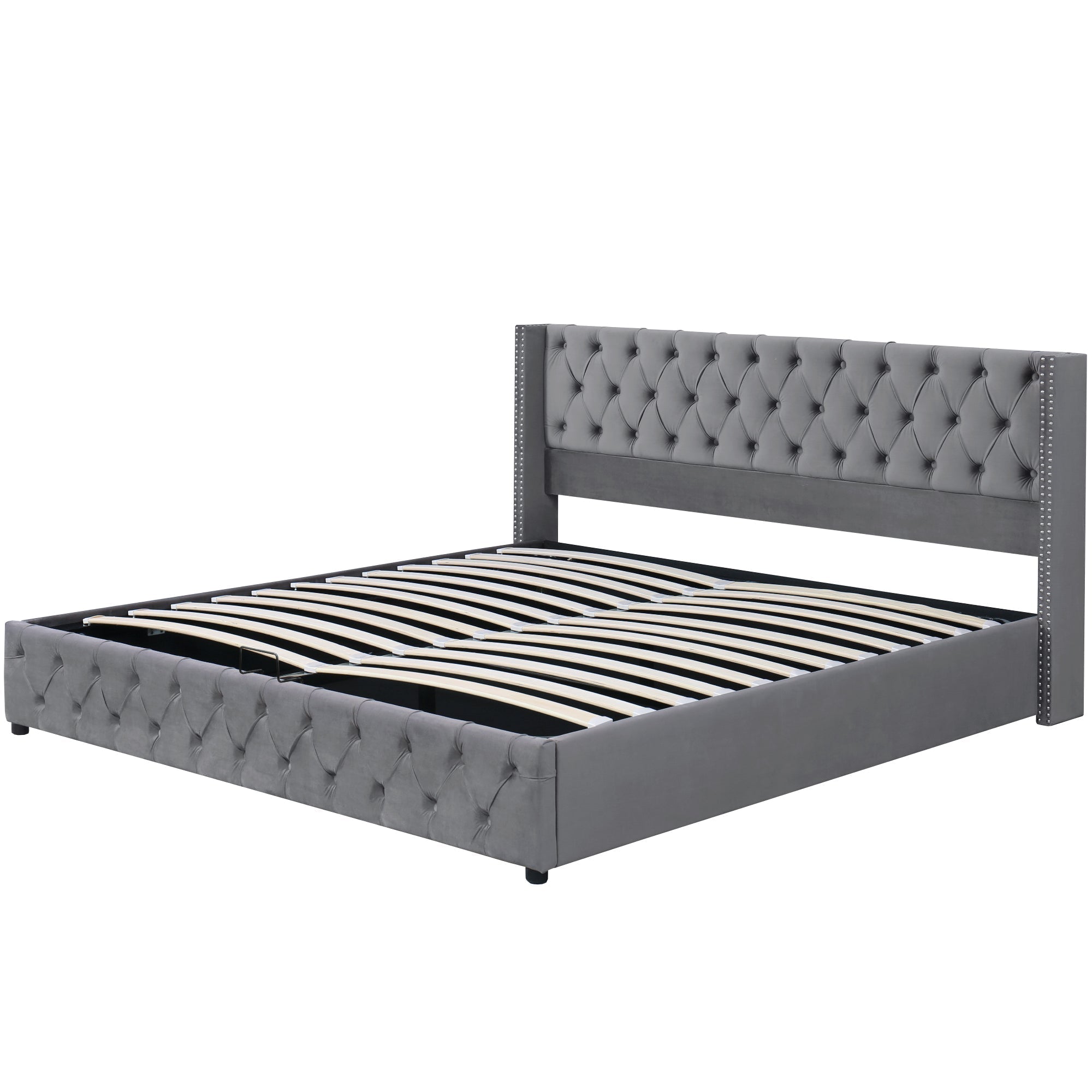 Lit Capitonné Forme Oreiller 140x190 Fonction Hydraulique Double Rivets Flanelle Gris