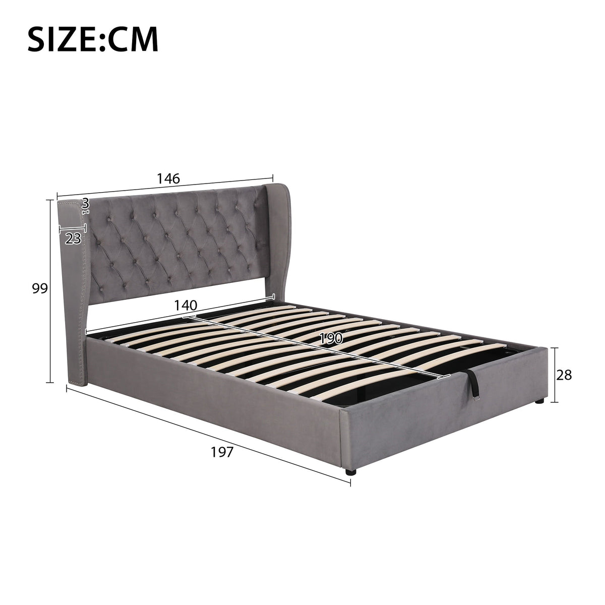 Upholstered Double Bed 140x190cm Hydraulic Storage Ear Shape Velvet - Grey