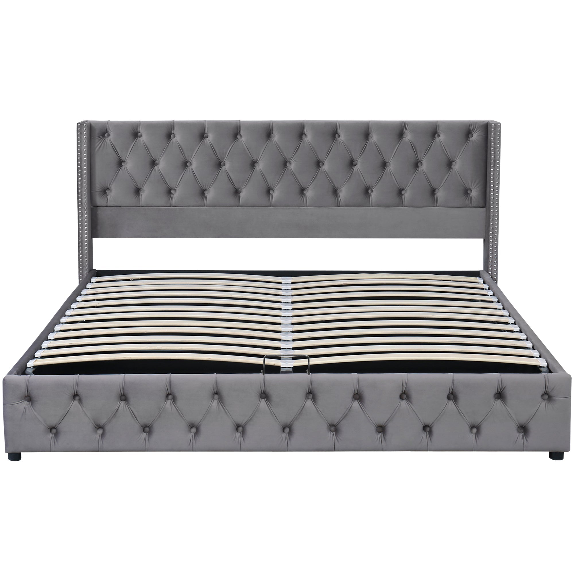 Chesterfield Velvet Upholstered Ottoman Bed with Hydraulic Storage, Grey