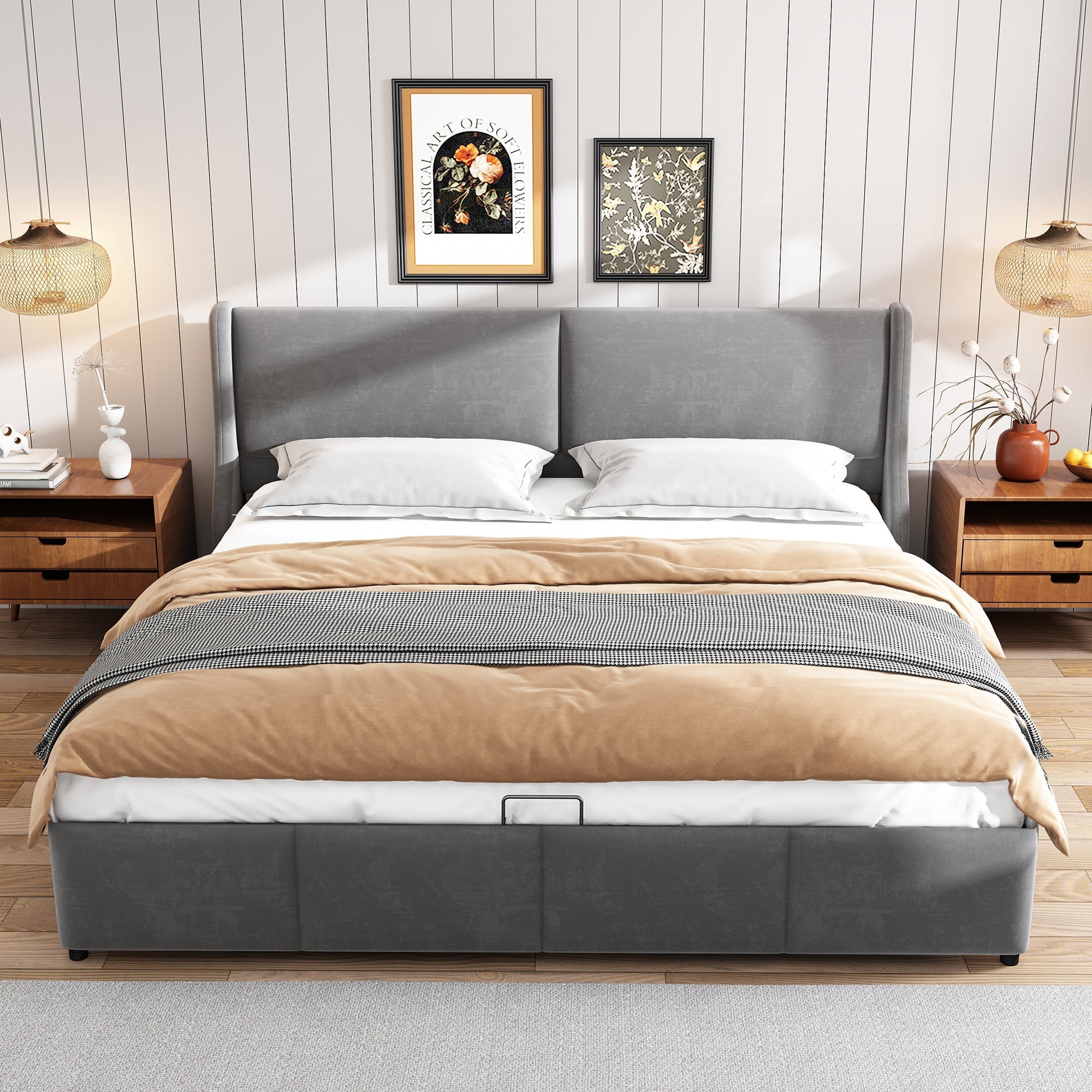 Upholstered Bed 160x200cm Hydraulic Storage Ear-Shaped Headboard - Grey