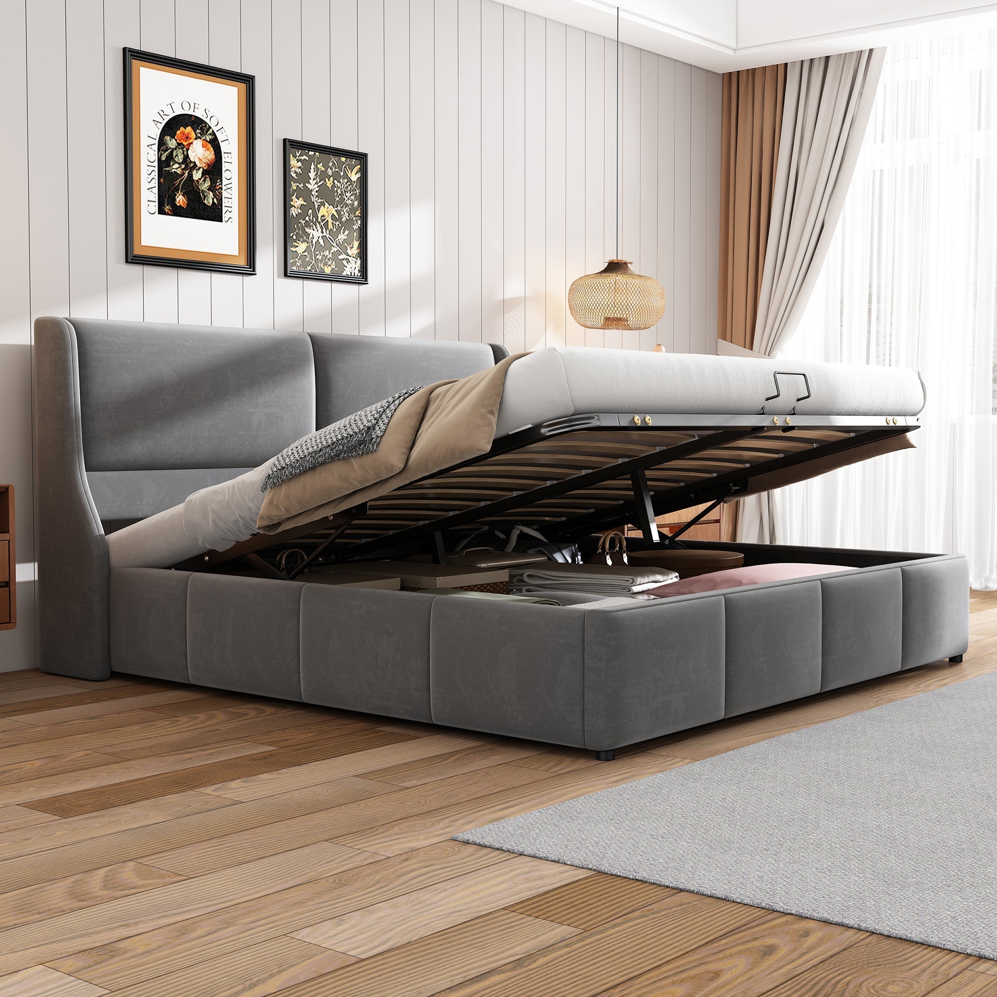 Upholstered Bed 160x200cm Hydraulic Storage Ear-Shaped Headboard - Grey