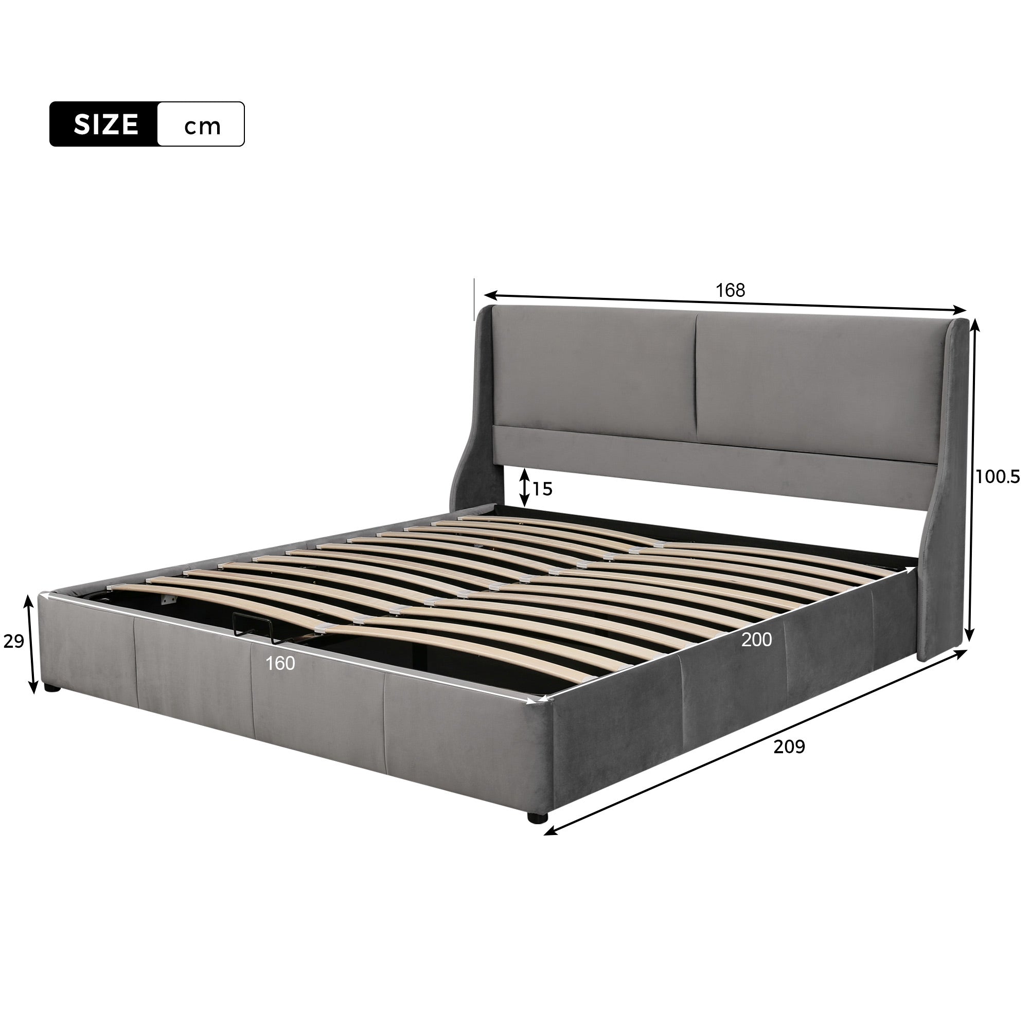 Upholstered Bed 160x200cm Hydraulic Storage Ear-Shaped Headboard - Grey