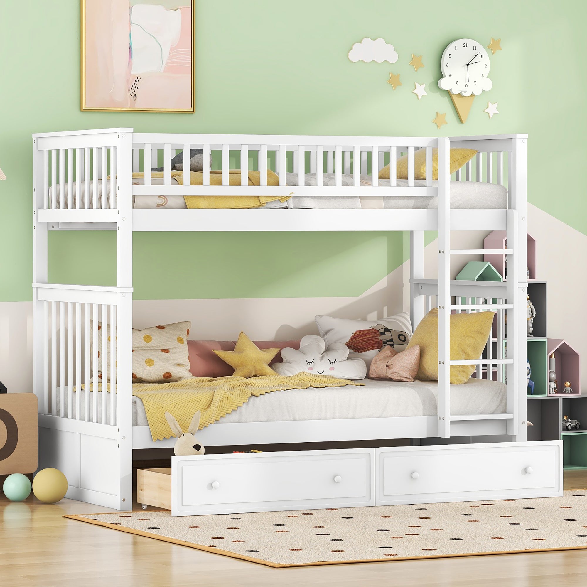 Bunk Bed 90x200cm Convertible with Drawers - White