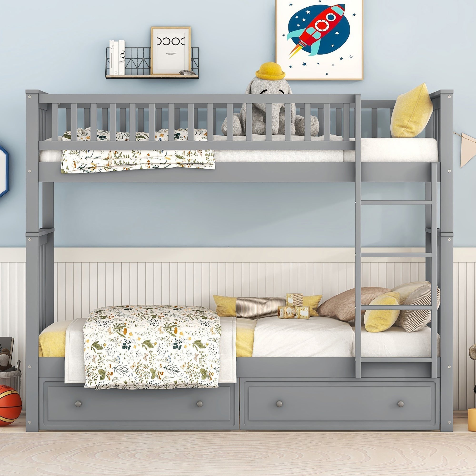 Bunk Bed 90x200cm Convertible Functional with Drawers - Grey